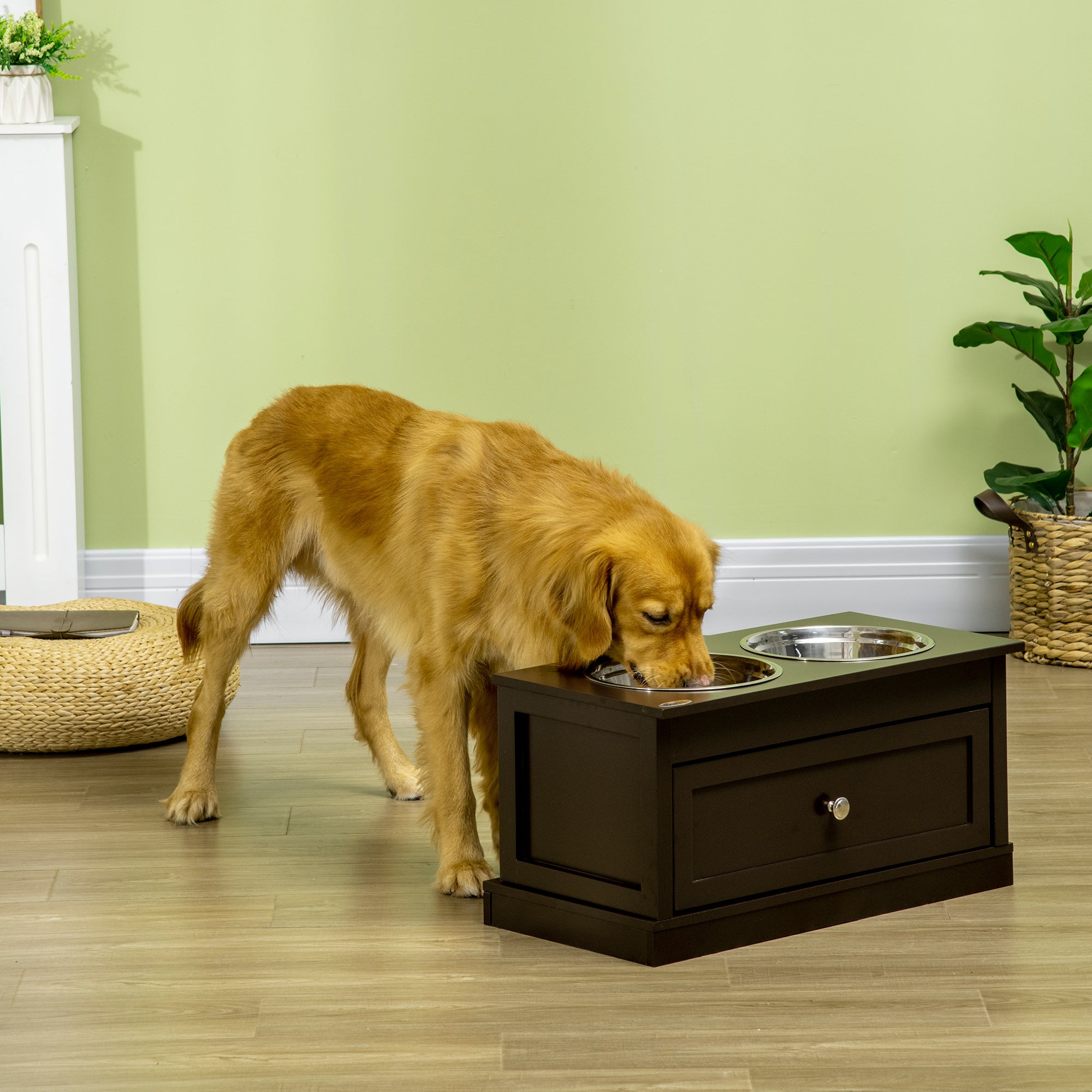 PawHut Elevated Dog Bowls with Storage Drawer, Raised Dog Bowls with Stand, 2 Stainless Steel Bowls for Large Dogs, Coffee