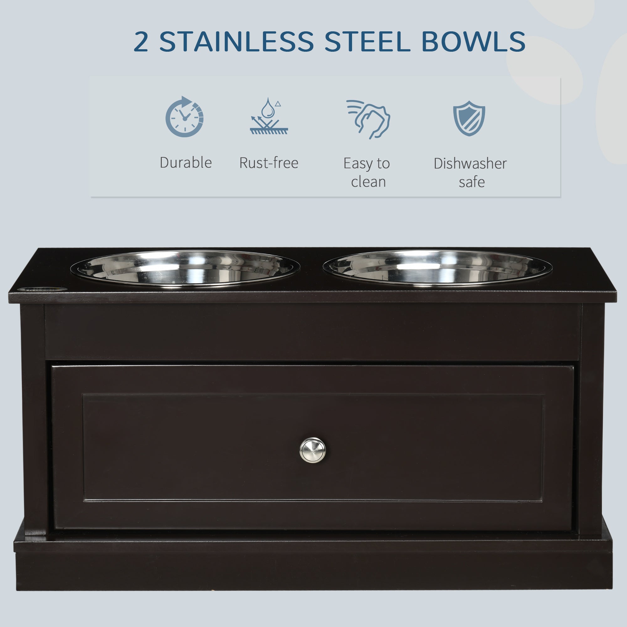 PawHut Elevated Dog Bowls with Storage Drawer, Raised Dog Bowls with Stand, 2 Stainless Steel Bowls for Large Dogs, Coffee