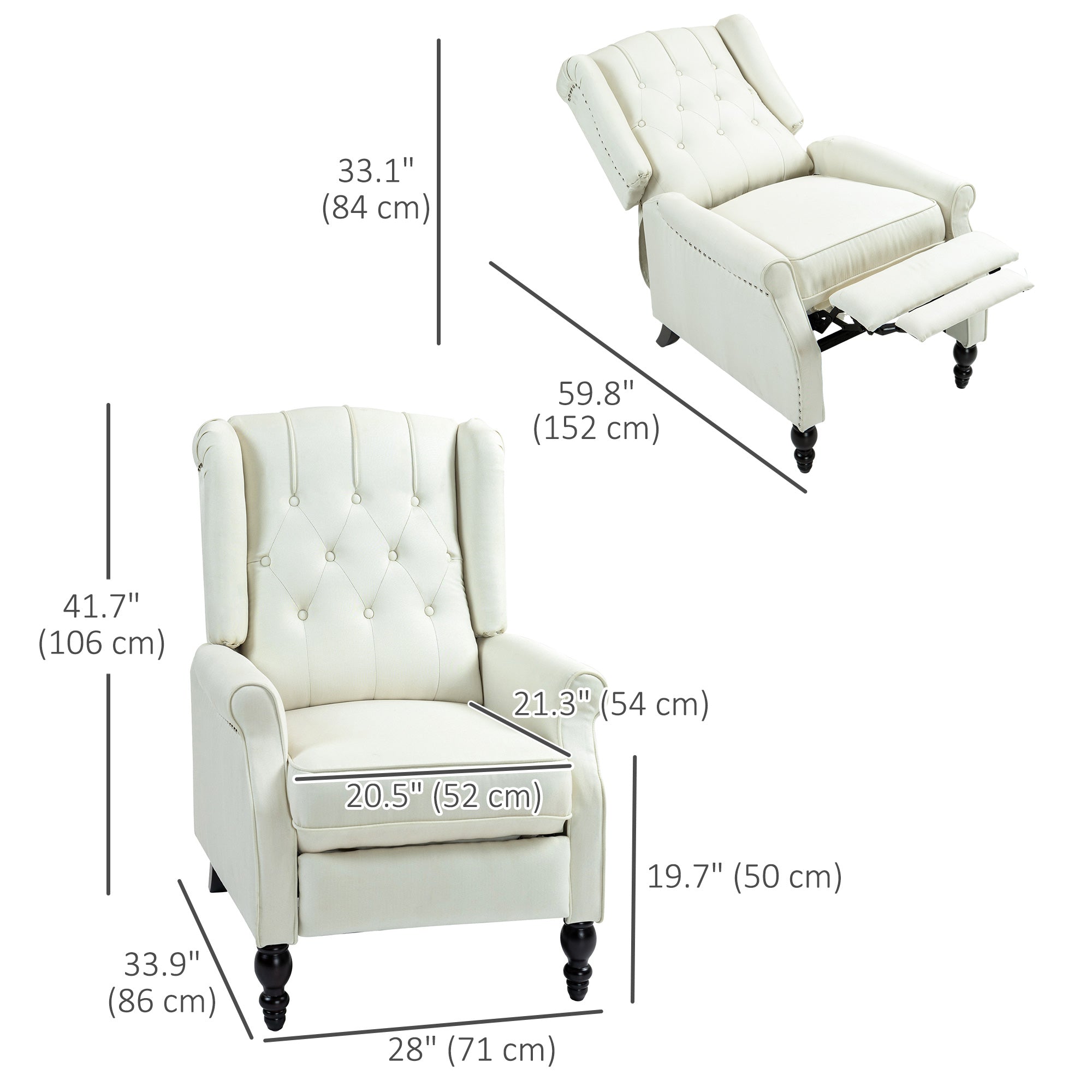 HOMCOM Push Back Recliner Chair, Fabric Reclining Chair, Tufted Wingback Chair with Nail Head Trim, Footrest, Solid Wood Legs for Living Room, Cream White