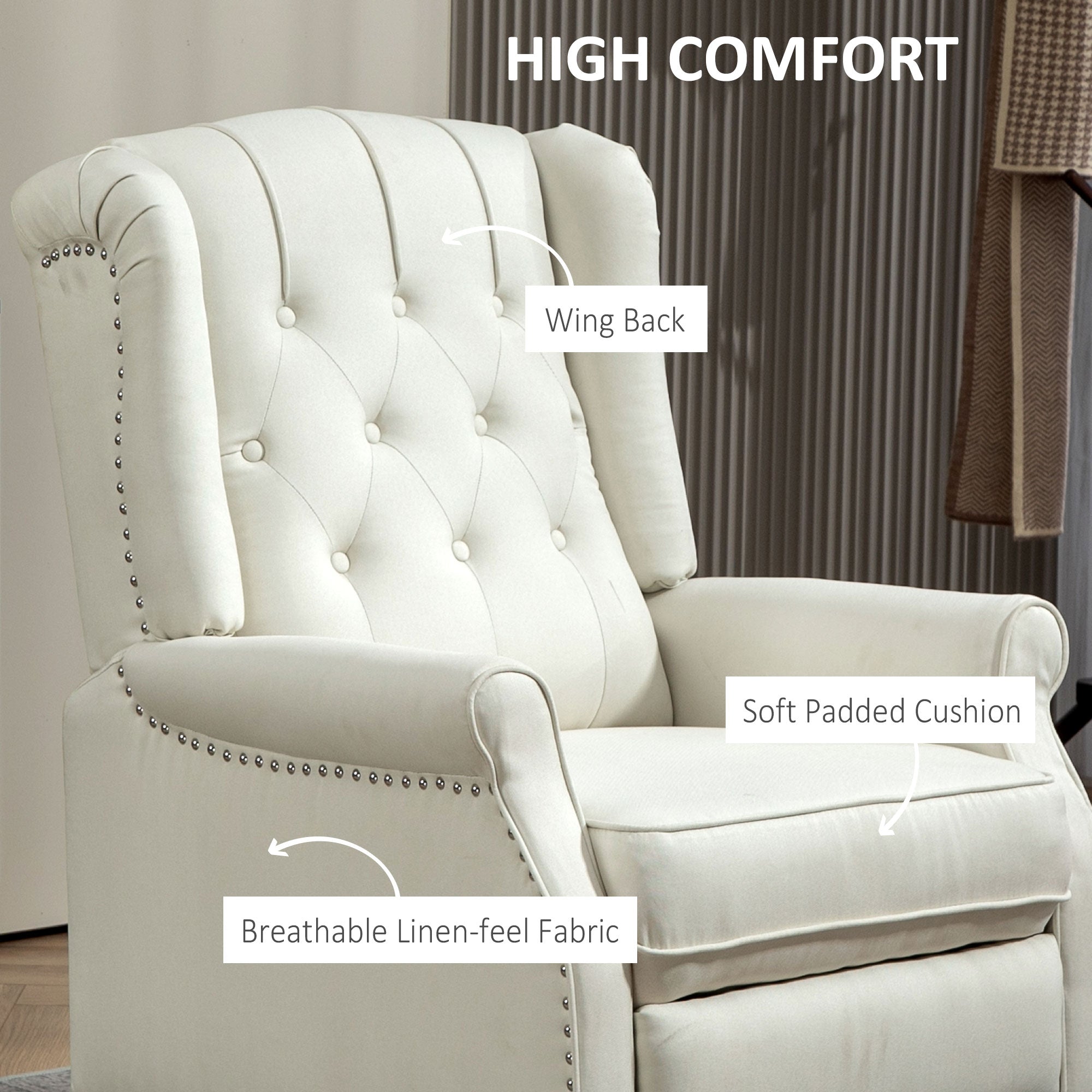 HOMCOM Push Back Recliner Chair, Fabric Reclining Chair, Tufted Wingback Chair with Nail Head Trim, Footrest, Solid Wood Legs for Living Room, Cream White