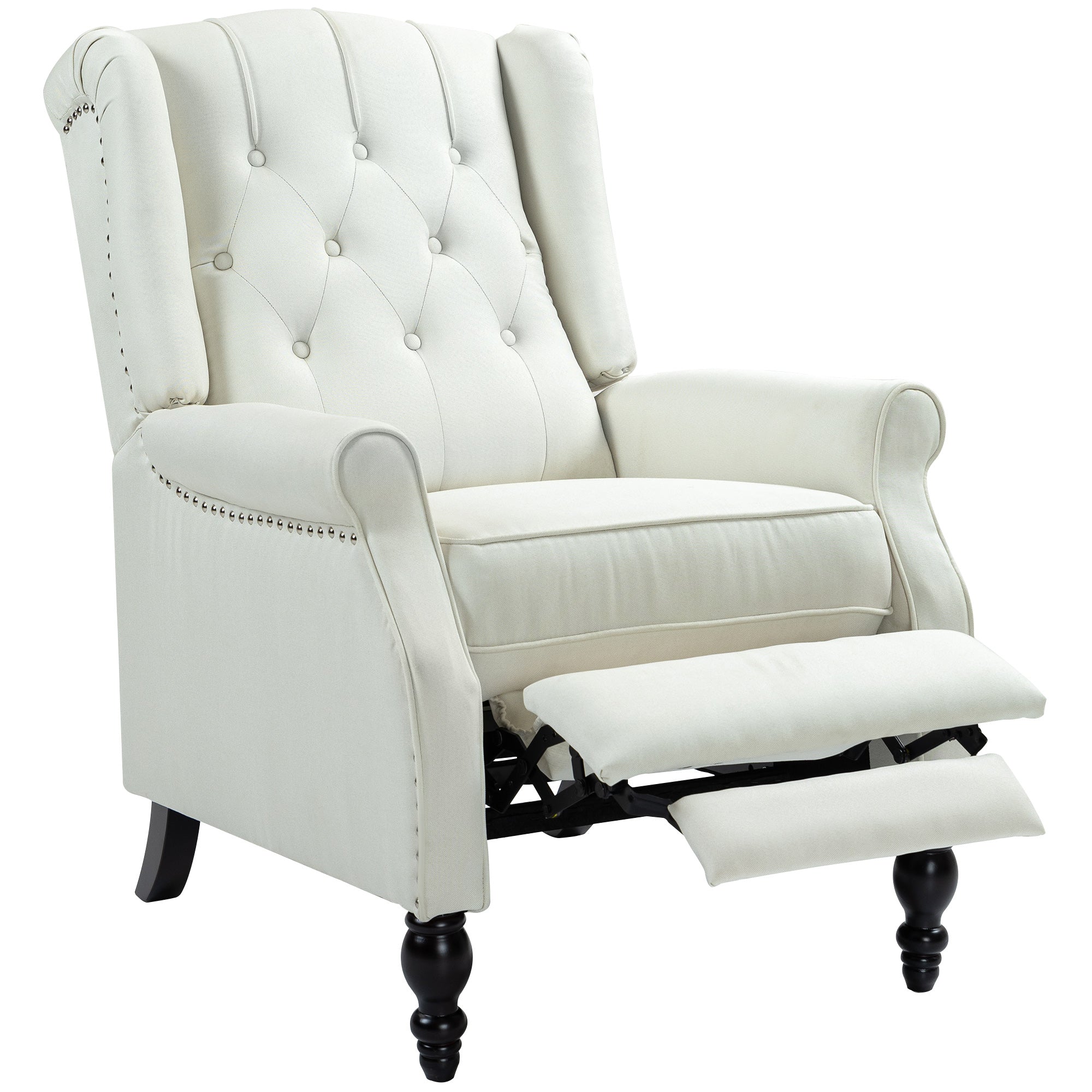 HOMCOM Push Back Recliner Chair, Fabric Reclining Chair, Tufted Wingback Chair with Nail Head Trim, Footrest, Solid Wood Legs for Living Room, Cream White