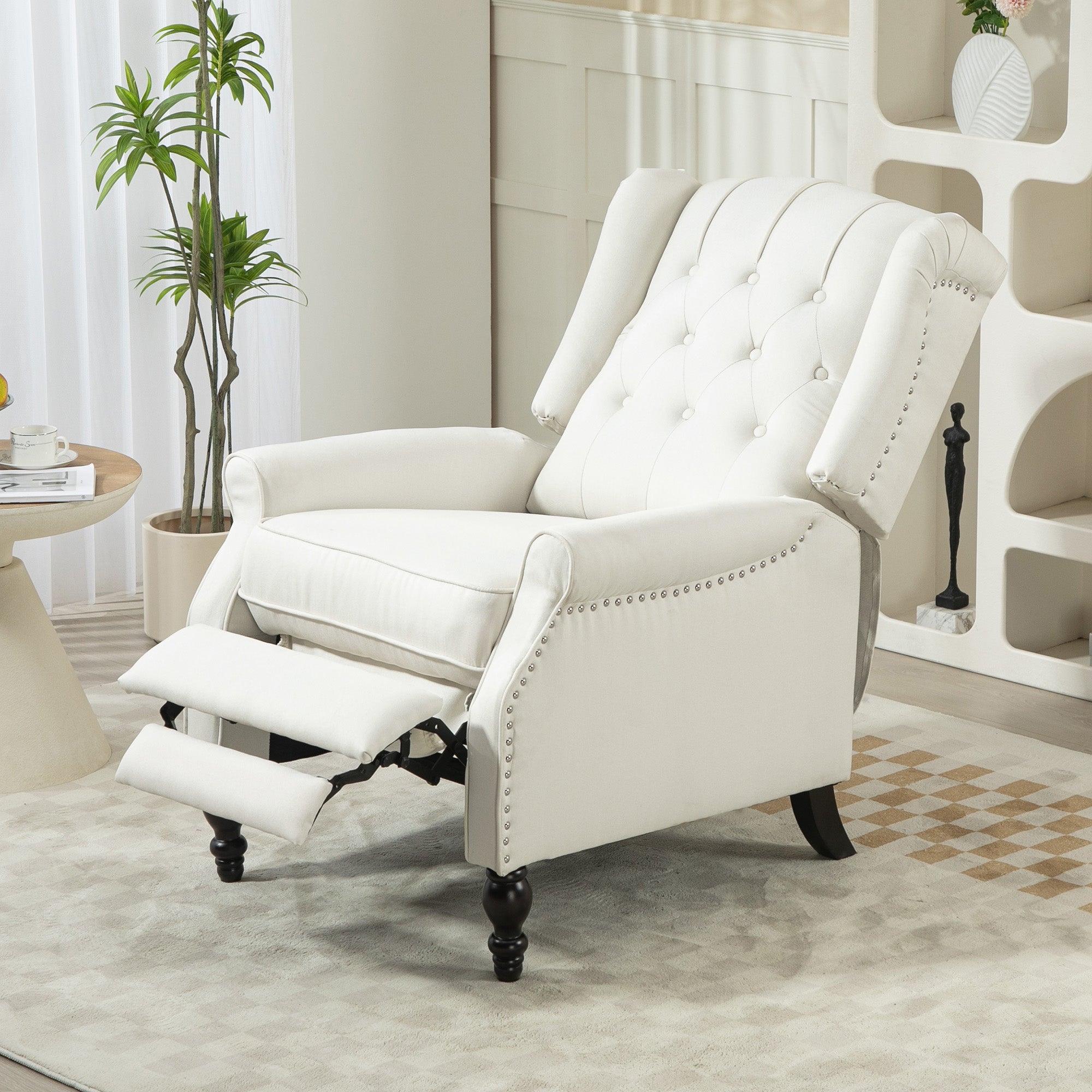 HOMCOM Push Back Recliner Chair, Fabric Reclining Chair, Tufted Wingback Chair with Nail Head Trim, Footrest, Solid Wood Legs for Living Room, Cream White