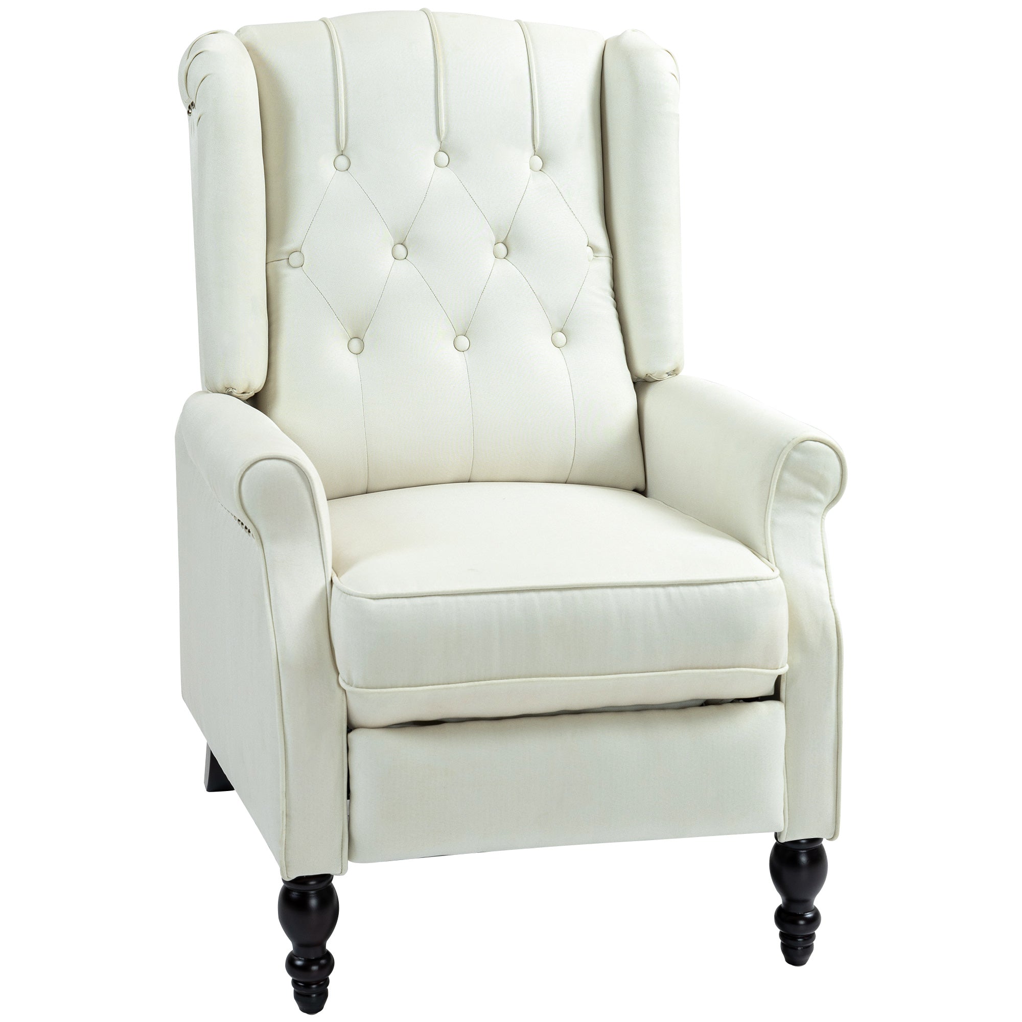 HOMCOM Push Back Recliner Chair, Fabric Reclining Chair, Tufted Wingback Chair with Nail Head Trim, Footrest, Solid Wood Legs for Living Room, Cream White