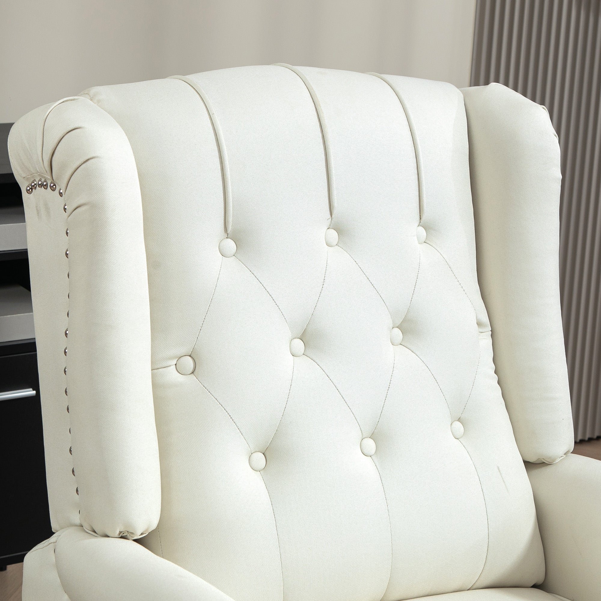 HOMCOM Push Back Recliner Chair, Fabric Reclining Chair, Tufted Wingback Chair with Nail Head Trim, Footrest, Solid Wood Legs for Living Room, Cream White