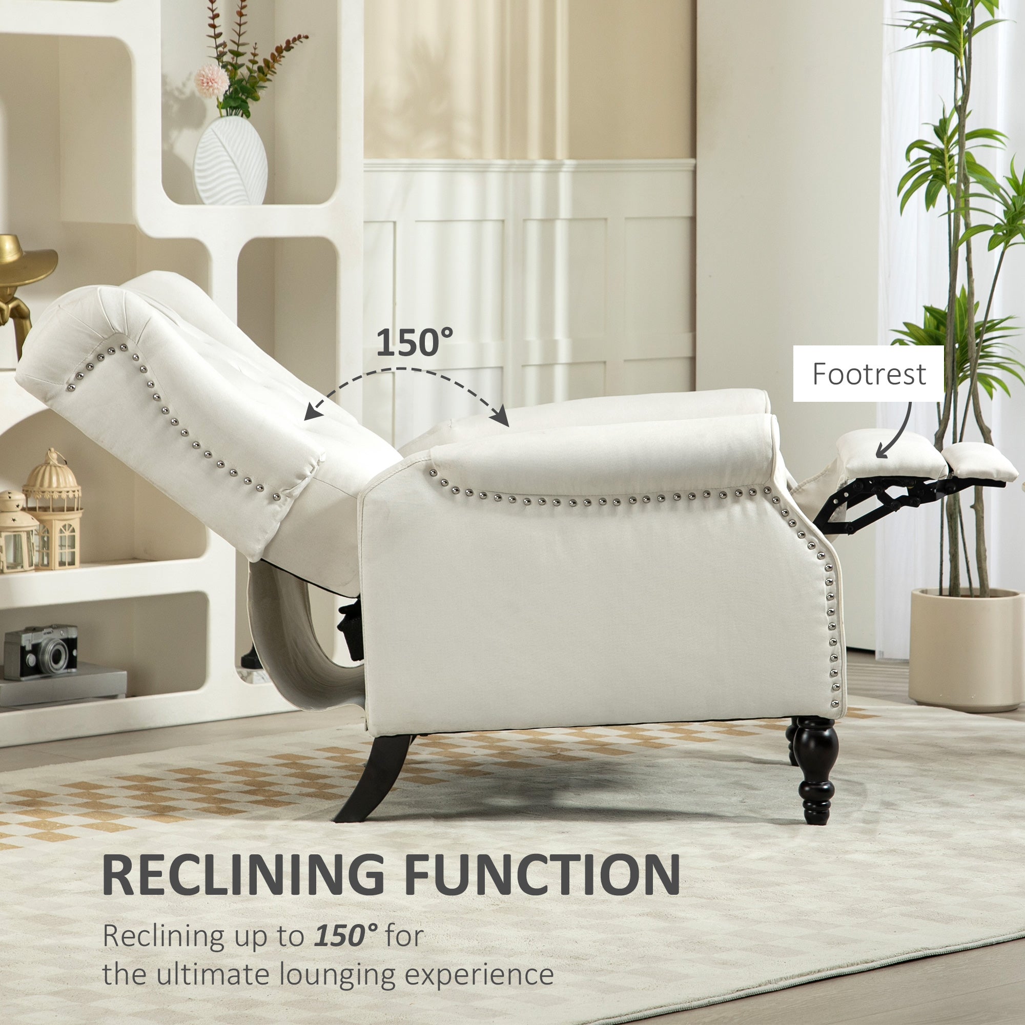HOMCOM Push Back Recliner Chair, Fabric Reclining Chair, Tufted Wingback Chair with Nail Head Trim, Footrest, Solid Wood Legs for Living Room, Cream White