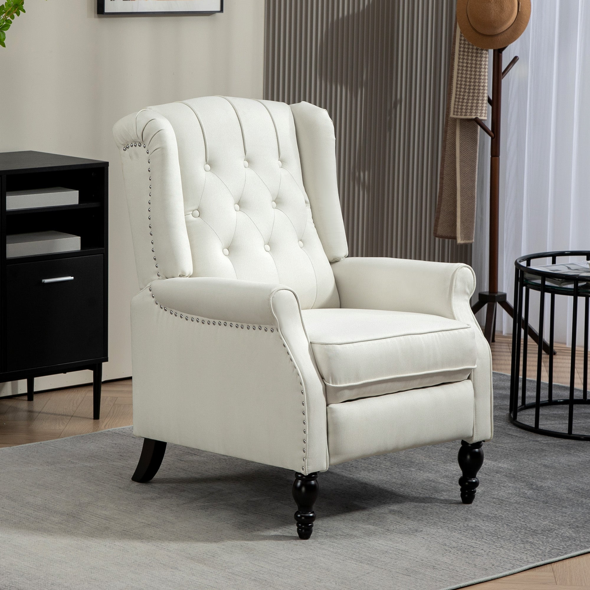 HOMCOM Push Back Recliner Chair, Fabric Reclining Chair, Tufted Wingback Chair with Nail Head Trim, Footrest, Solid Wood Legs for Living Room, Cream White