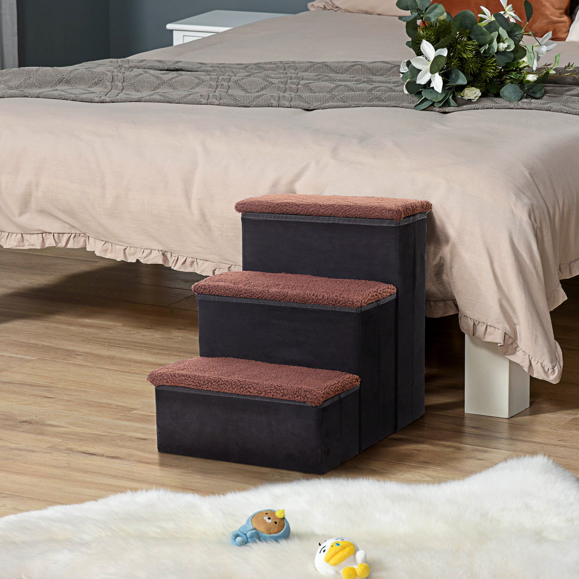 PawHut Pet Stairs Washable Fleece Faux Suede Cover 3 Step Dog Cat Foldable Portable Mobility Assistance 41 x 19cm Black