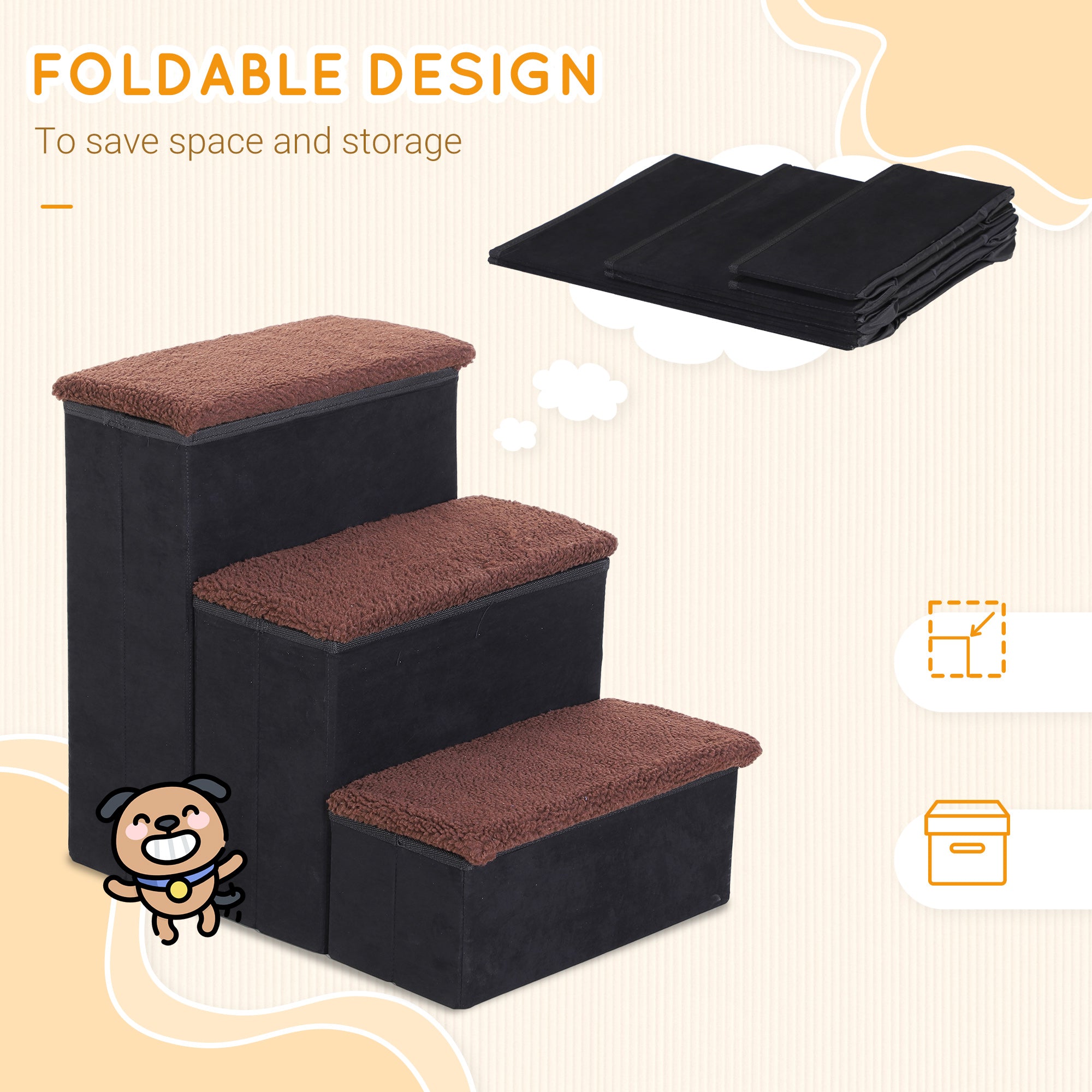PawHut Pet Stairs Washable Fleece Faux Suede Cover 3 Step Dog Cat Foldable Portable Mobility Assistance 41 x 19cm Black