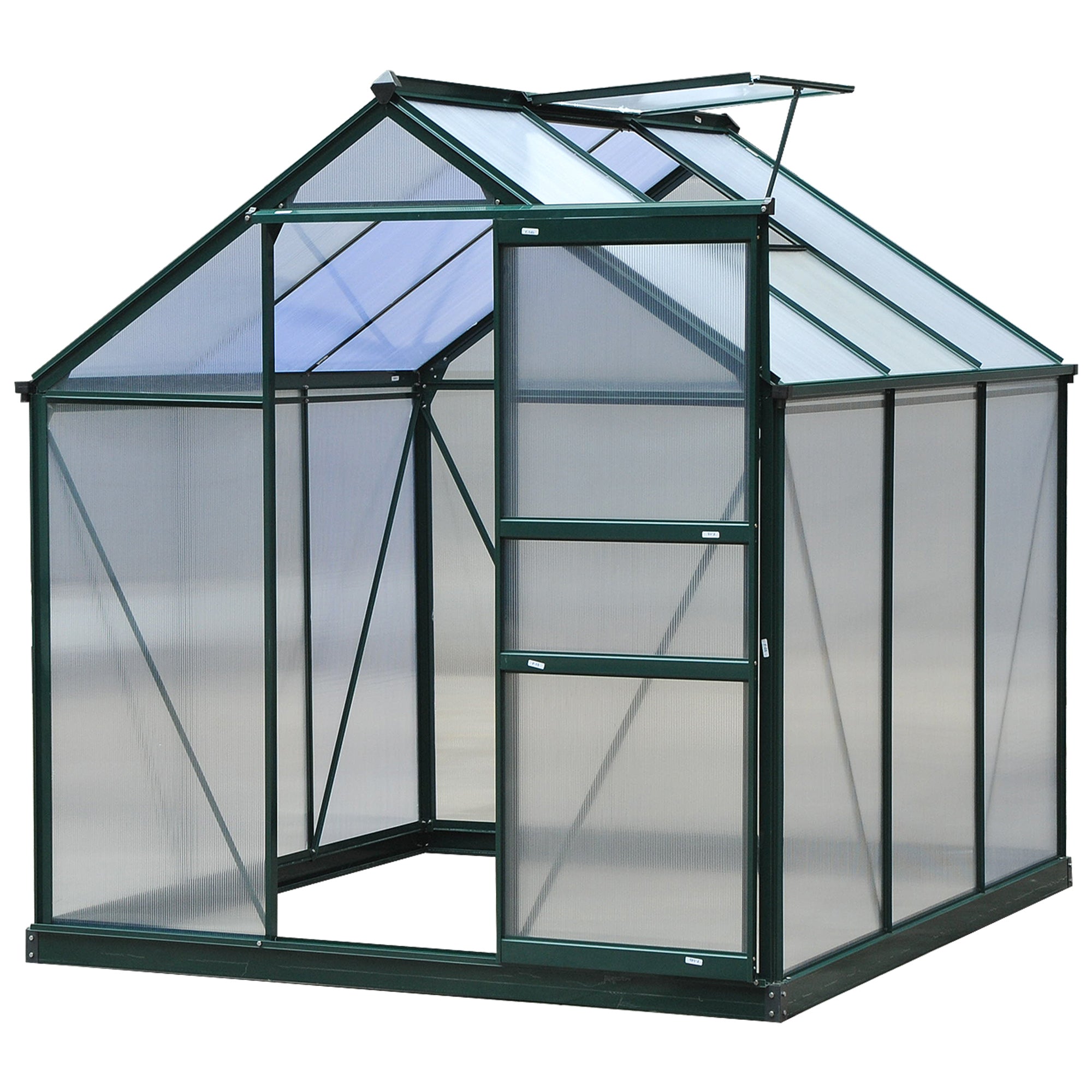 Outsunny 6' x 6' x 6.6' Polycarbonate Greenhouse, Walk-In Green House Kit Garden, Plants Grow, Galvanized Sheet Aluminum Frame with Rain Gutter, Vent and Sliding Door, Green