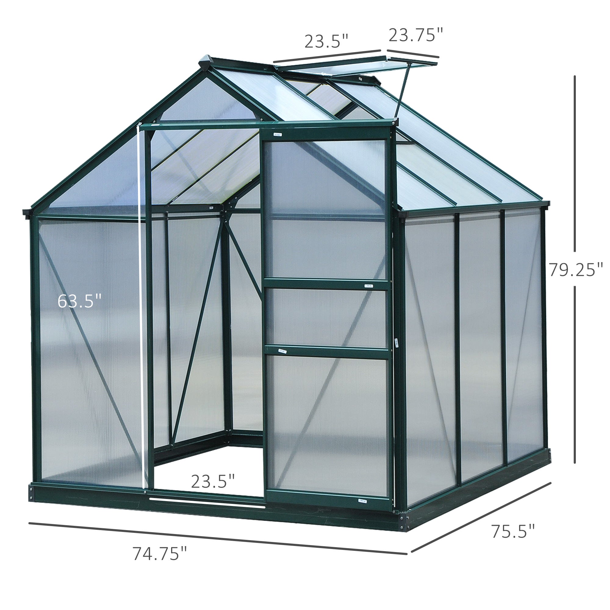 Outsunny 6' x 6' x 6.6' Polycarbonate Greenhouse, Walk-In Green House Kit Garden, Plants Grow, Galvanized Sheet Aluminum Frame with Rain Gutter, Vent and Sliding Door, Green