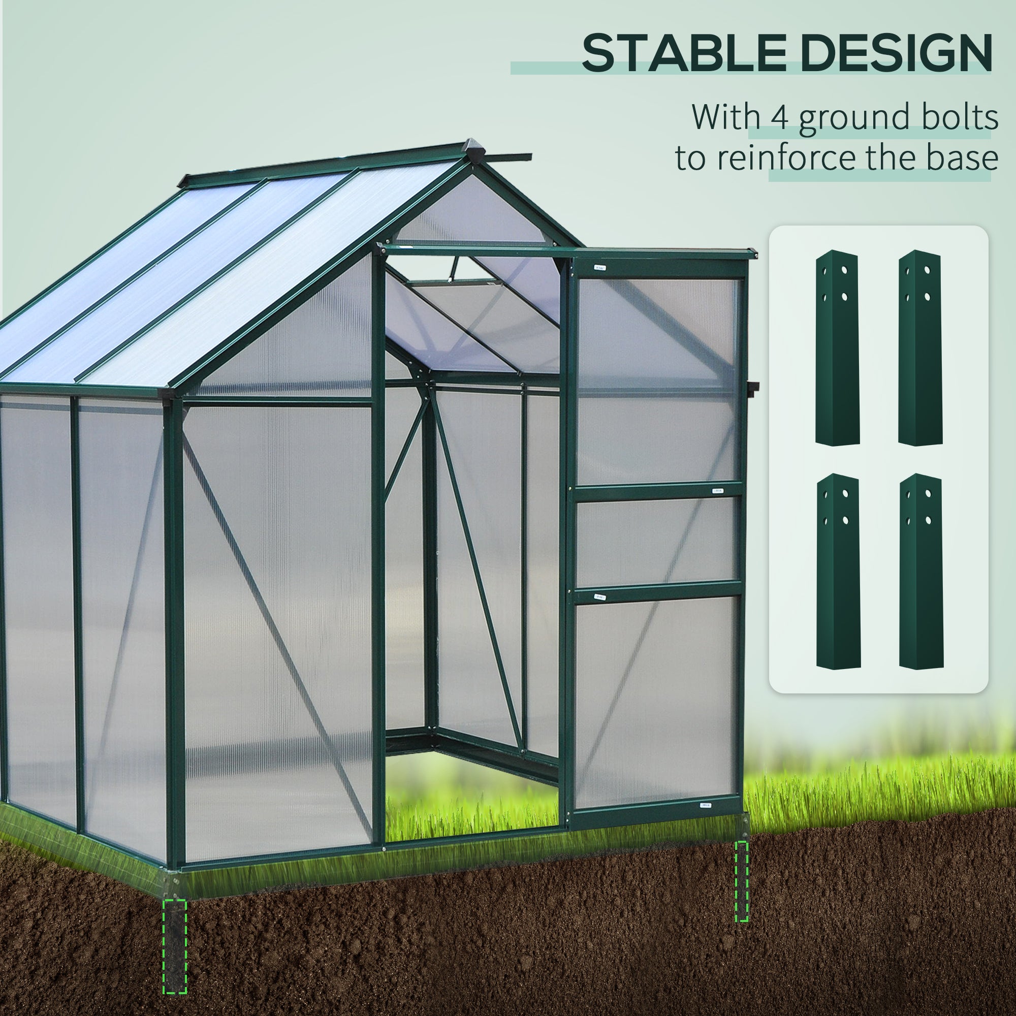 Outsunny 6' x 6' x 6.6' Polycarbonate Greenhouse, Walk-In Green House Kit Garden, Plants Grow, Galvanized Sheet Aluminum Frame with Rain Gutter, Vent and Sliding Door, Green