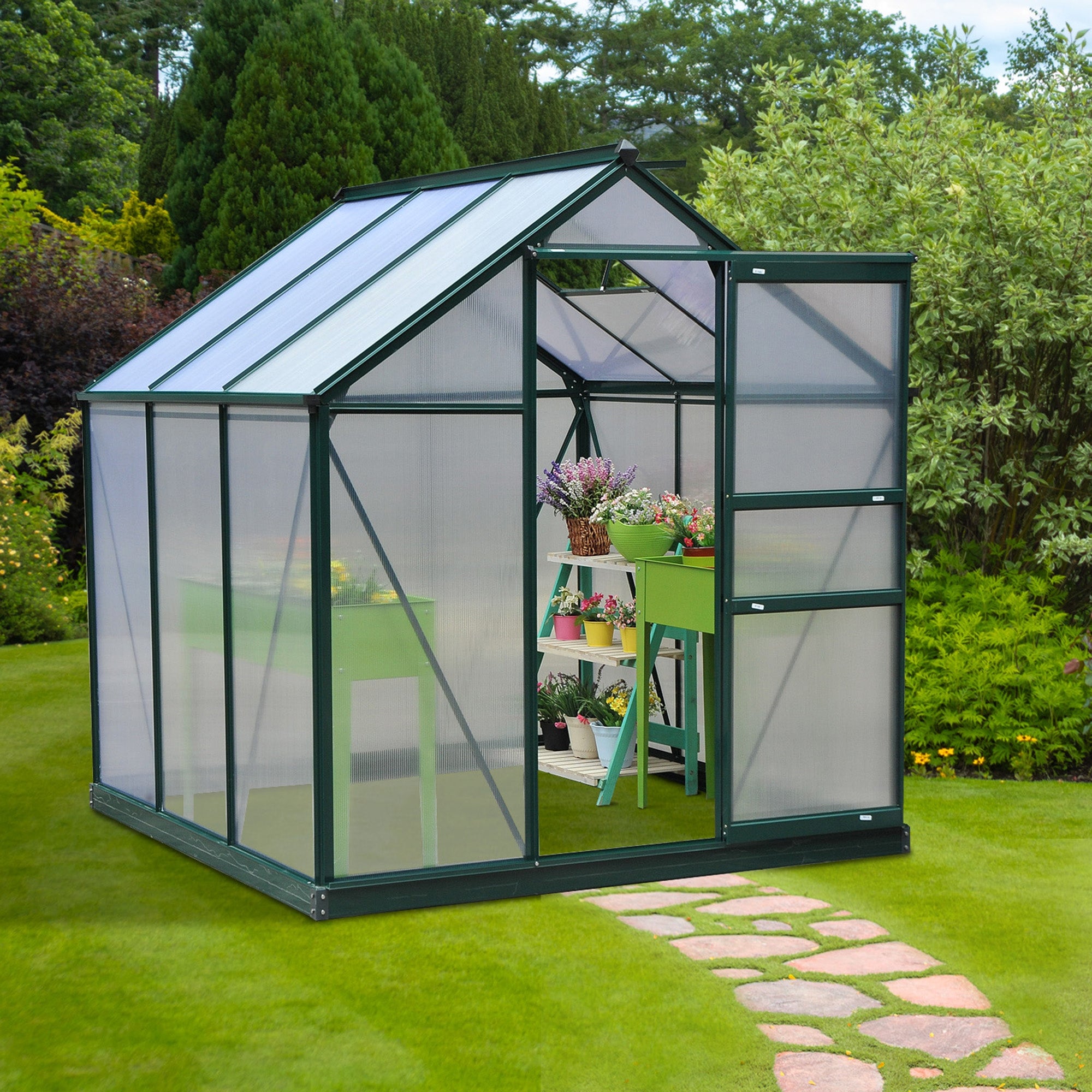 Outsunny 6' x 6' x 6.6' Polycarbonate Greenhouse, Walk-In Green House Kit Garden, Plants Grow, Galvanized Sheet Aluminum Frame with Rain Gutter, Vent and Sliding Door, Green