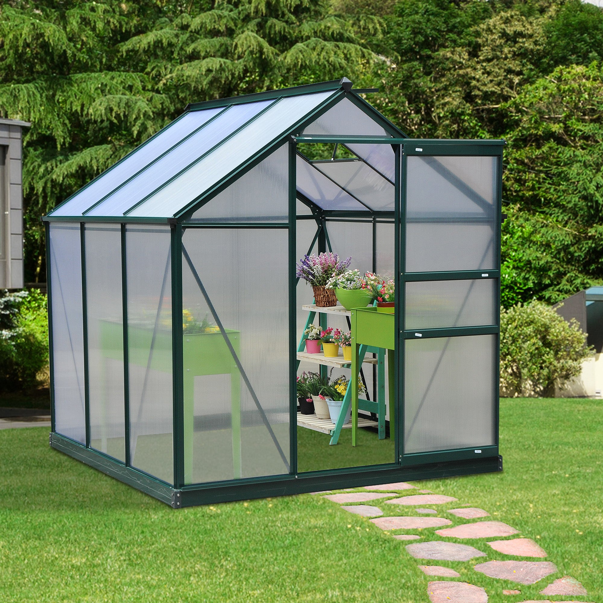 Outsunny 6' x 6' x 6.6' Polycarbonate Greenhouse, Walk-In Green House Kit Garden, Plants Grow, Galvanized Sheet Aluminum Frame with Rain Gutter, Vent and Sliding Door, Green