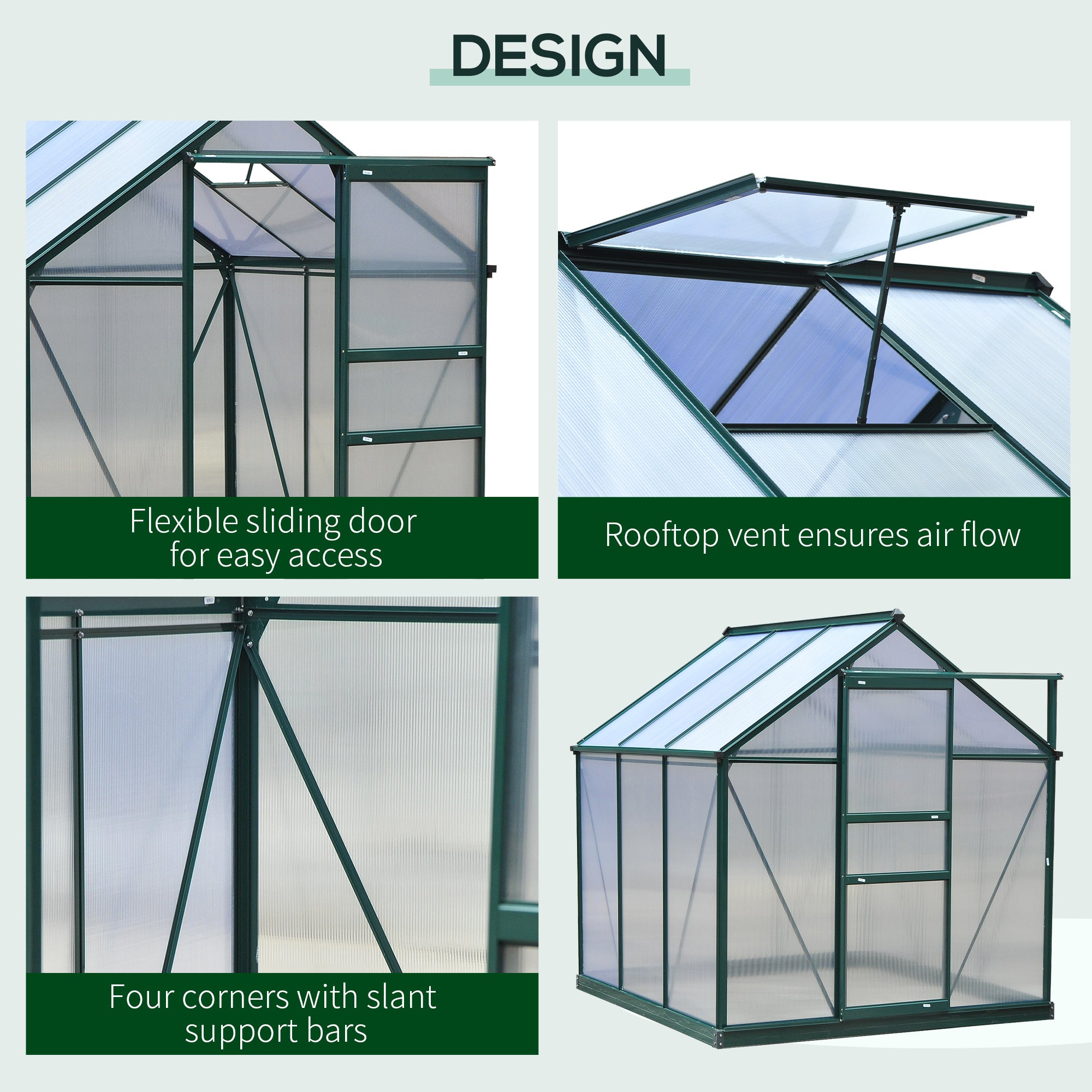 Outsunny 6' x 6' x 6.6' Polycarbonate Greenhouse, Walk-In Green House Kit Garden, Plants Grow, Galvanized Sheet Aluminum Frame with Rain Gutter, Vent and Sliding Door, Green