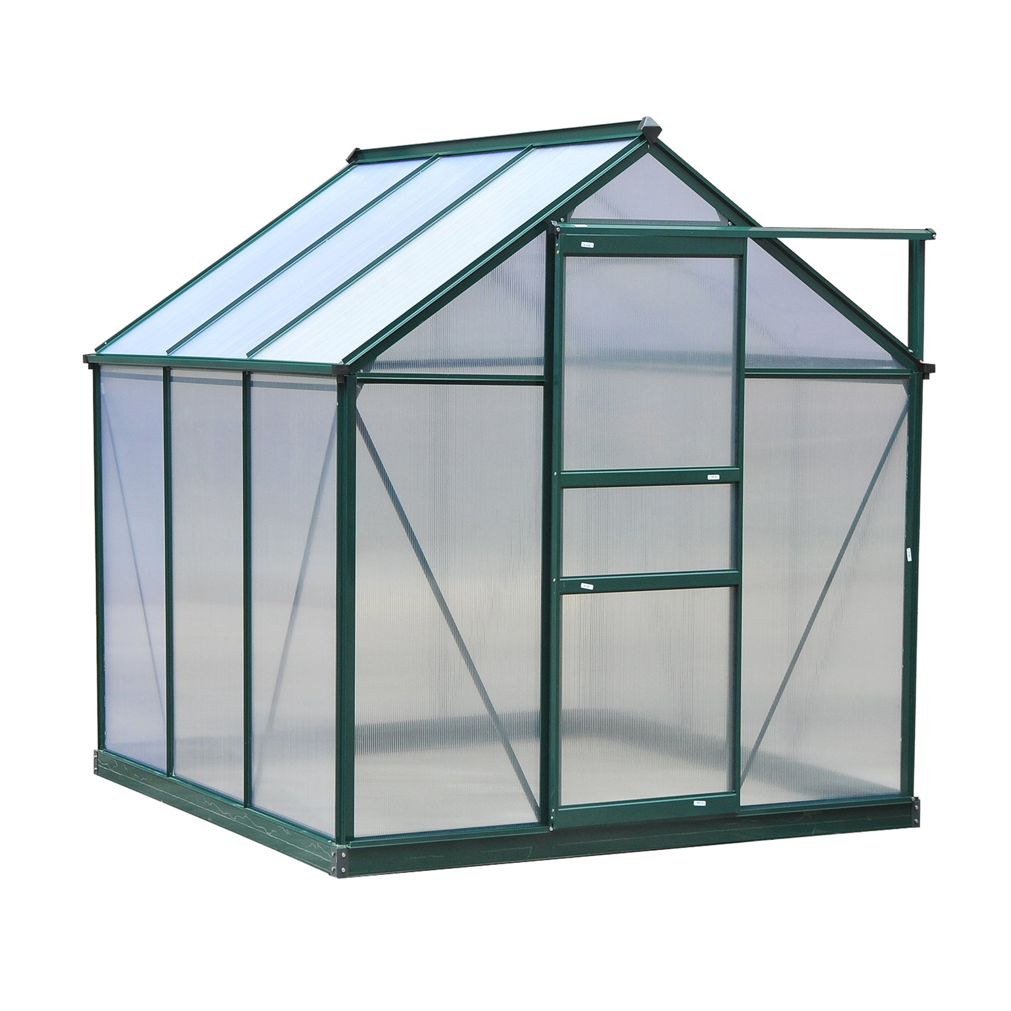 Outsunny 6' x 6' x 6.6' Polycarbonate Greenhouse, Walk-In Green House Kit Garden, Plants Grow, Galvanized Sheet Aluminum Frame with Rain Gutter, Vent and Sliding Door, Green