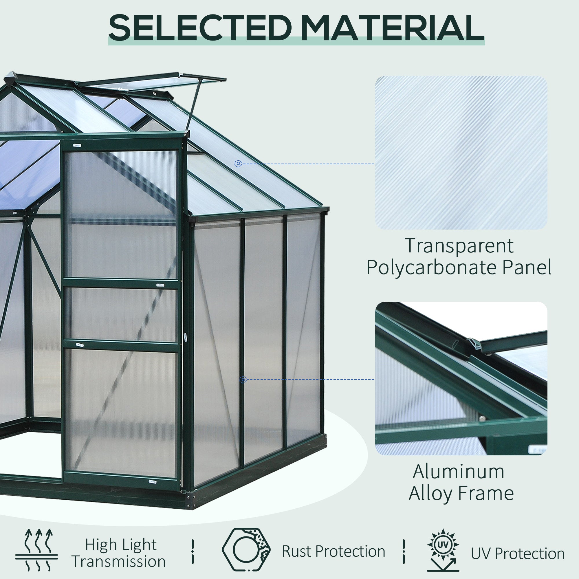 Outsunny 6' x 6' x 6.6' Polycarbonate Greenhouse, Walk-In Green House Kit Garden, Plants Grow, Galvanized Sheet Aluminum Frame with Rain Gutter, Vent and Sliding Door, Green