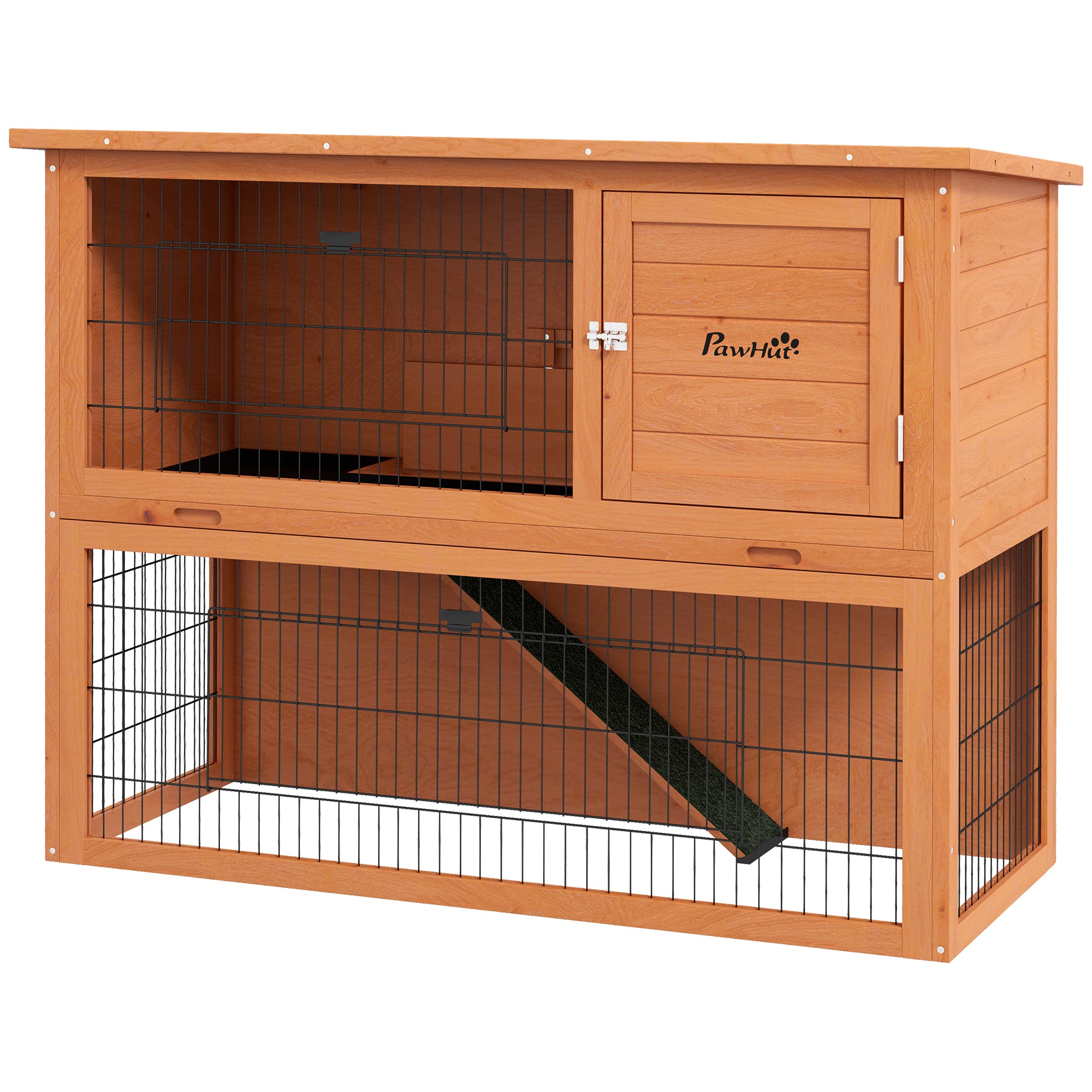 PawHut Rabbit Hutch Guinea Pig Hutch Wooden with No-Leak Tray, Asphalt Roof, Antiseptic Wood Outdoor for 1-2 Rabbits 120 x 50 x 92cm - Orange