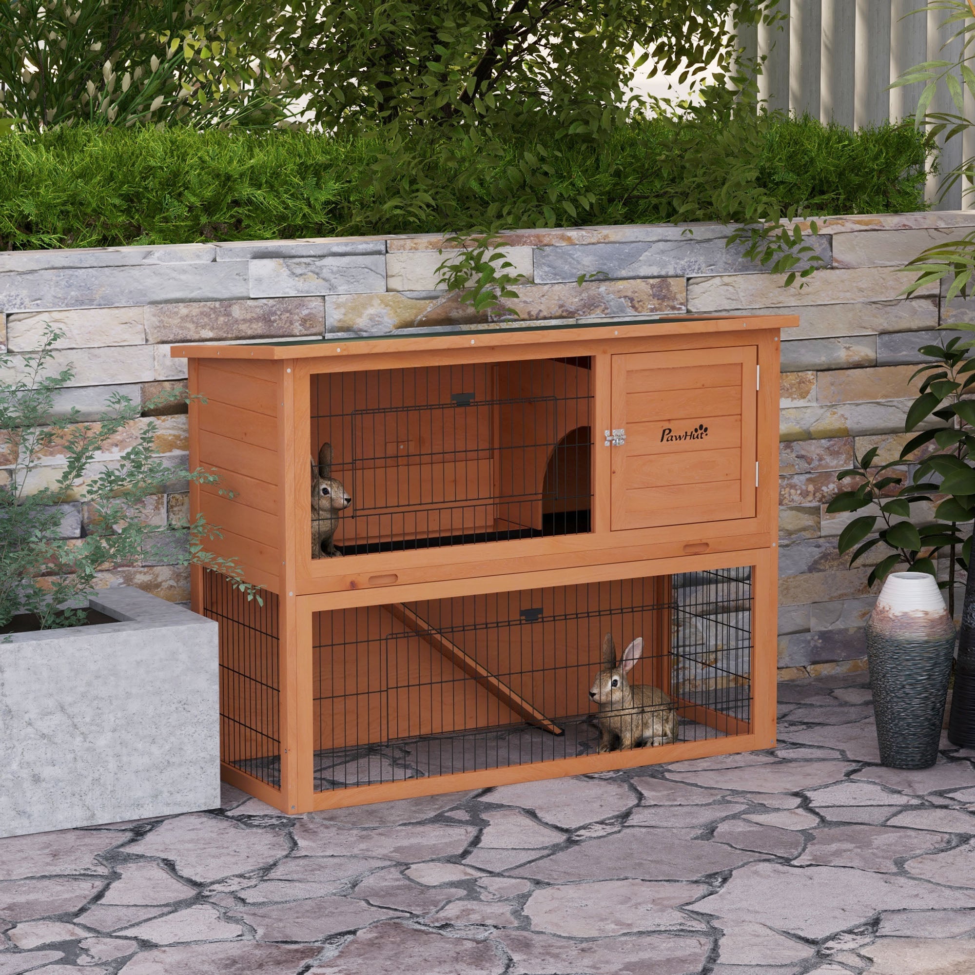 PawHut Rabbit Hutch Guinea Pig Hutch Wooden with No-Leak Tray, Asphalt Roof, Antiseptic Wood Outdoor for 1-2 Rabbits 120 x 50 x 92cm - Orange