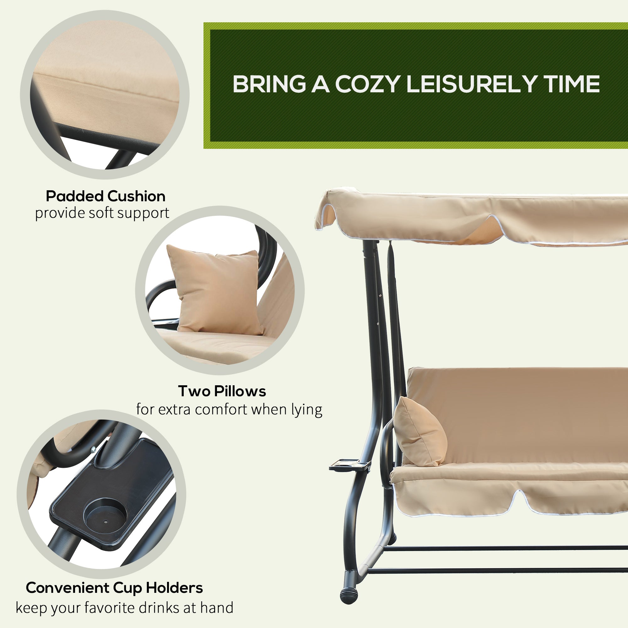 Outsunny 3-Seat Outdoor Patio Swing Chair, Converting Flat Bed, Canopy Swing with Adjustable Shade, Removable Cushions, Cup Holder, Beige