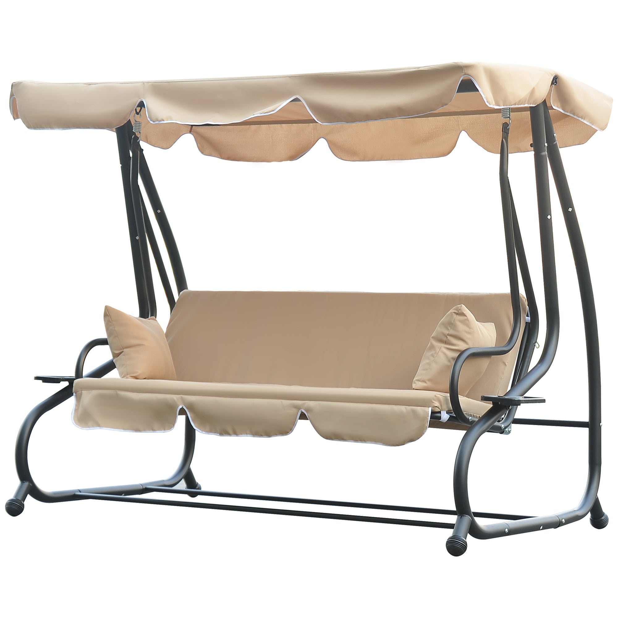 Outsunny 3-Seat Outdoor Patio Swing Chair, Converting Flat Bed, Canopy Swing with Adjustable Shade, Removable Cushions, Cup Holder, Beige