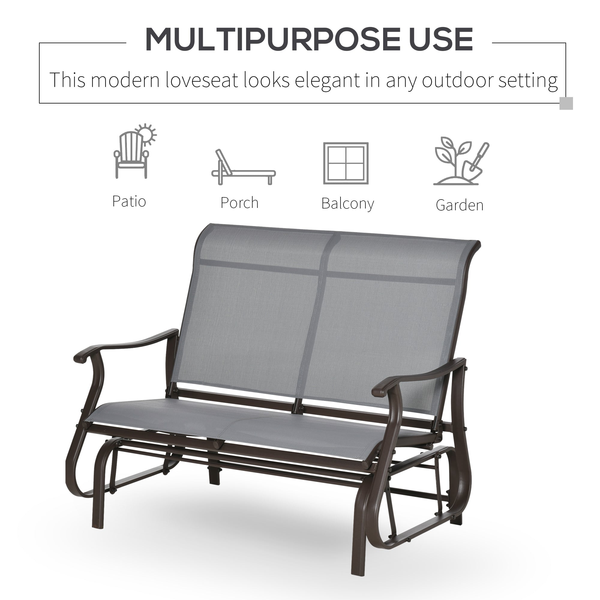 Outsunny 2-Person Outdoor Glider Chair, Patio Glider Rocking Chair with Mesh Seat and Backrest, Steel Frame for Outdoor, Backyard, Light Grey