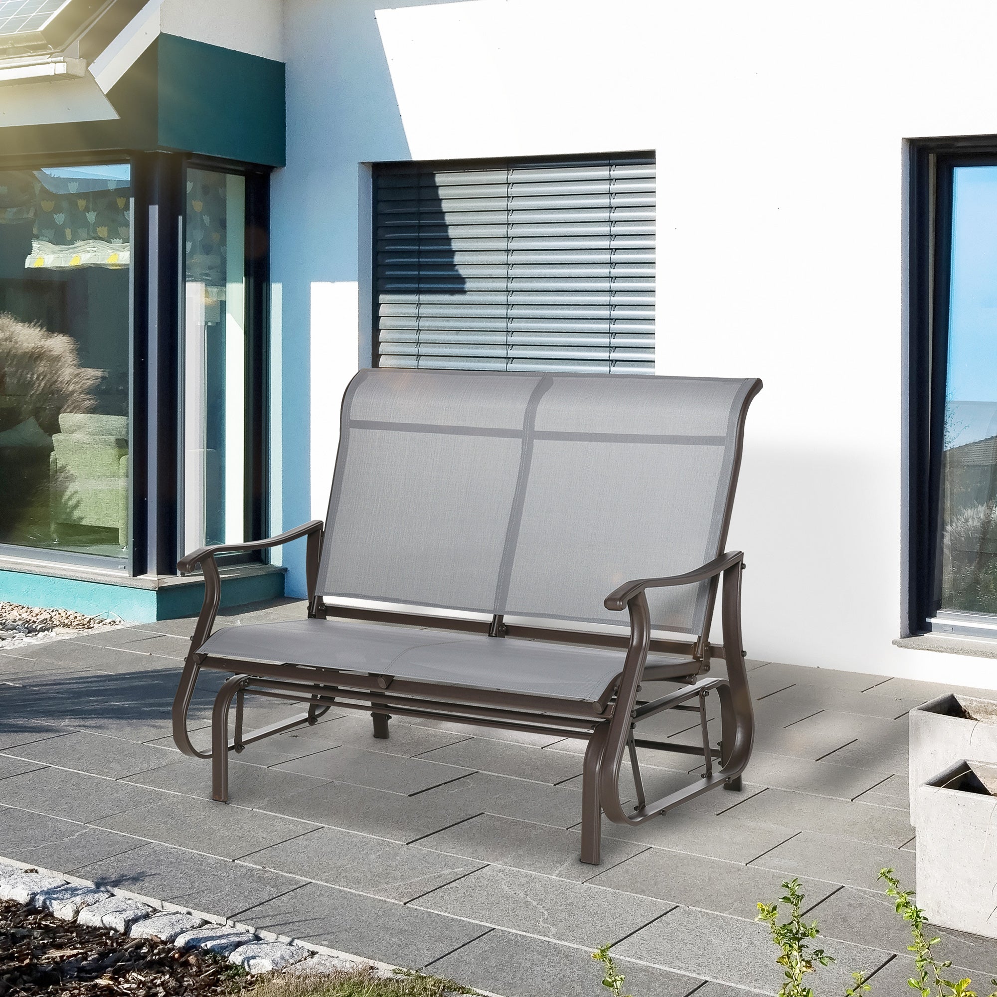 Outsunny 2-Person Outdoor Glider Chair, Patio Glider Rocking Chair with Mesh Seat and Backrest, Steel Frame for Outdoor, Backyard, Light Grey