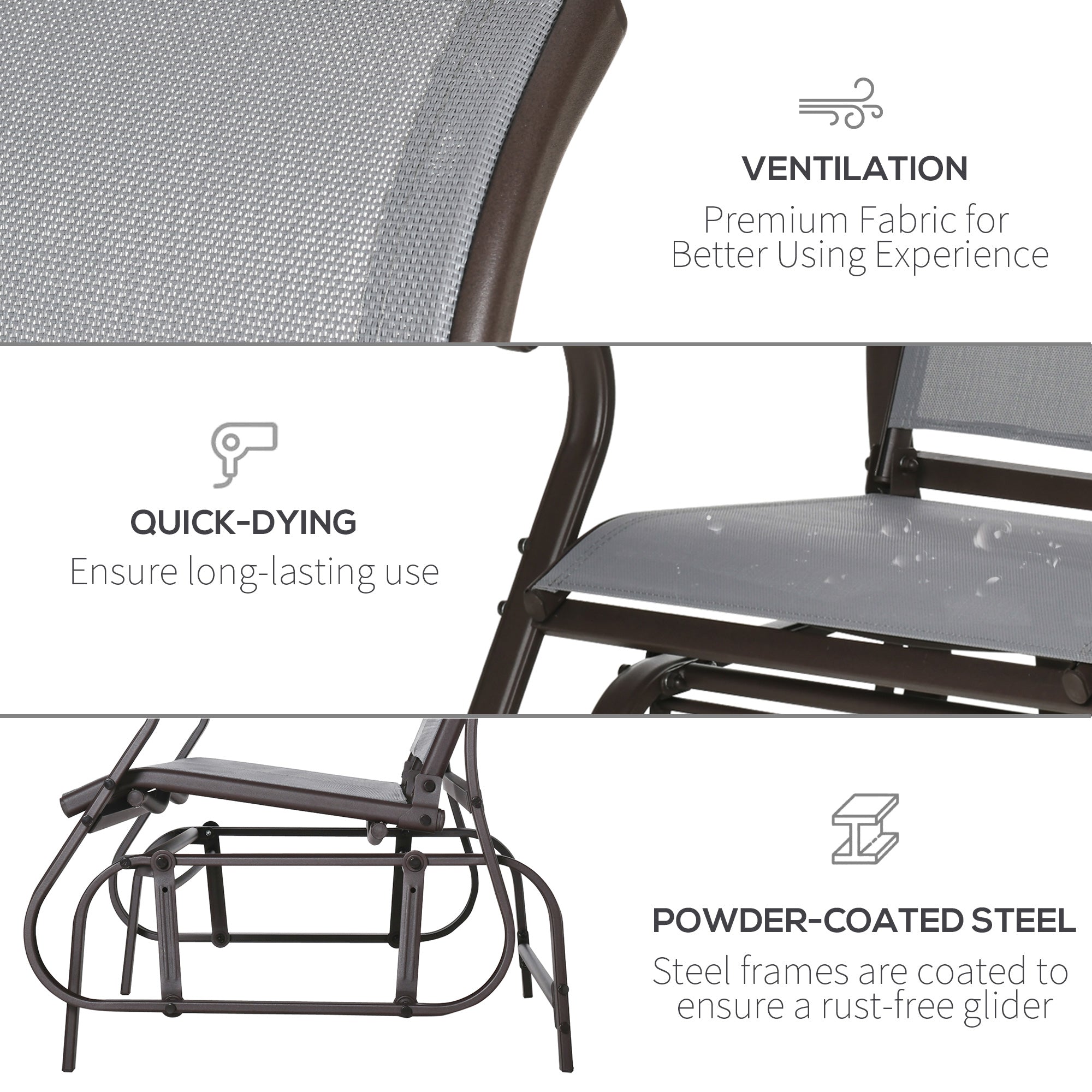 Outsunny 2-Person Outdoor Glider Chair, Patio Glider Rocking Chair with Mesh Seat and Backrest, Steel Frame for Outdoor, Backyard, Light Grey