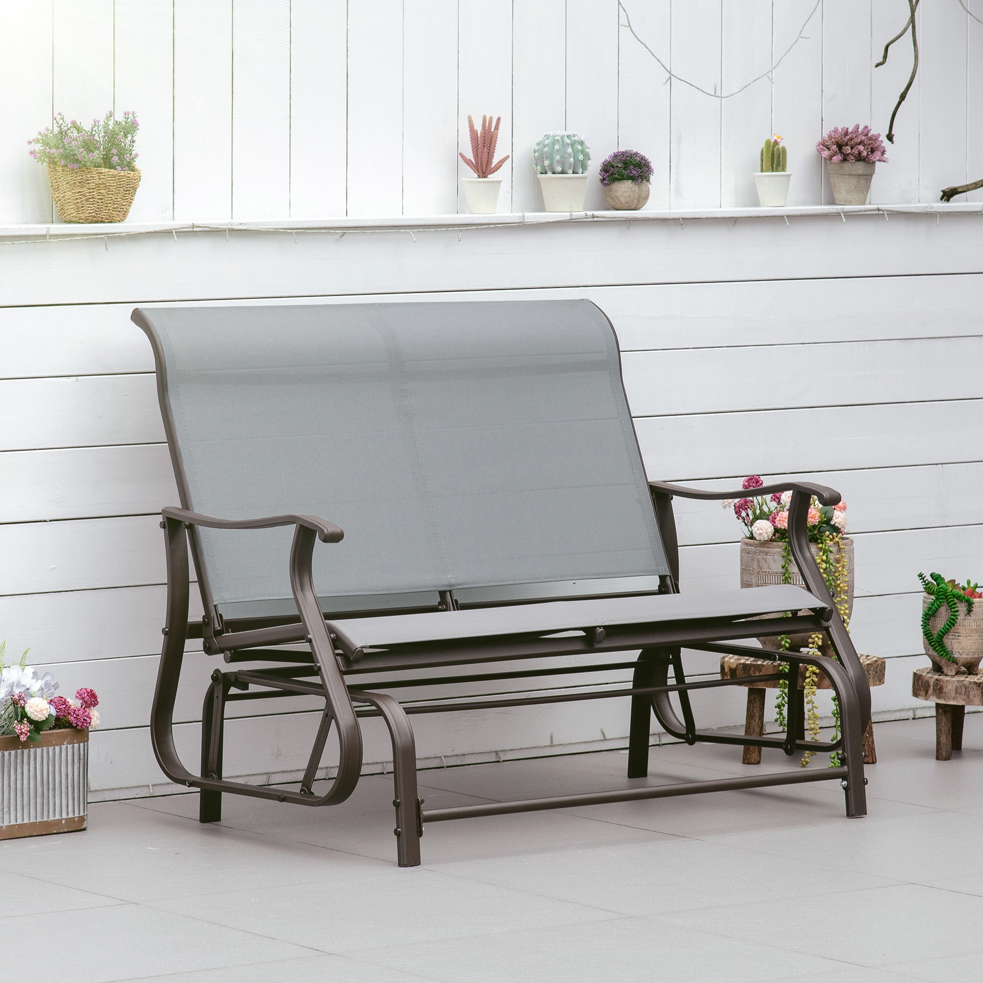 Outsunny 2-Person Outdoor Glider Chair, Patio Glider Rocking Chair with Mesh Seat and Backrest, Steel Frame for Outdoor, Backyard, Light Grey