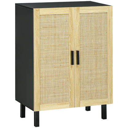 HOMCOM Sideboard Buffet Cabinet, Coffee Bar Cabinet with 2 Rattan Doors and Adjustable Shelves for Kitchen, Living Room, Black and Natural