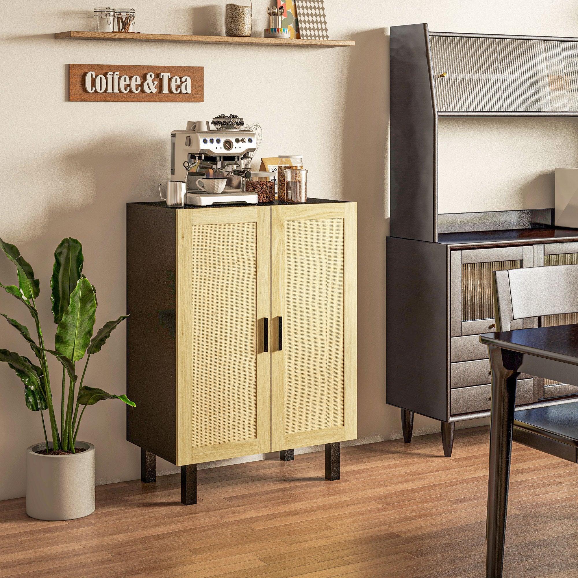 HOMCOM Sideboard Buffet Cabinet, Coffee Bar Cabinet with 2 Rattan Doors and Adjustable Shelves for Kitchen, Living Room, Black and Natural