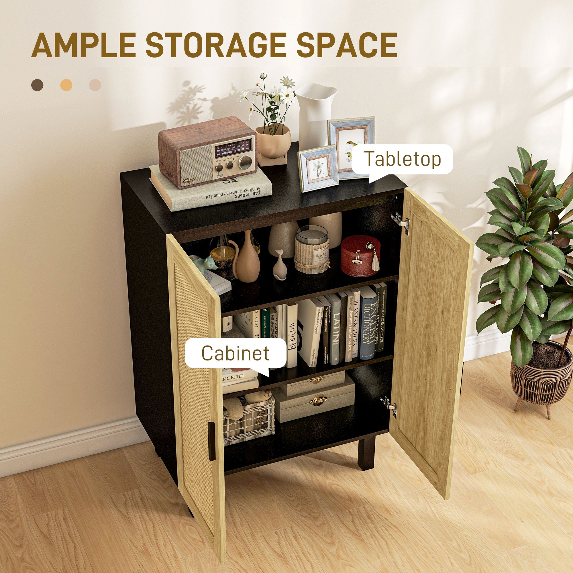 HOMCOM Sideboard Buffet Cabinet, Coffee Bar Cabinet with 2 Rattan Doors and Adjustable Shelves for Kitchen, Living Room, Black and Natural