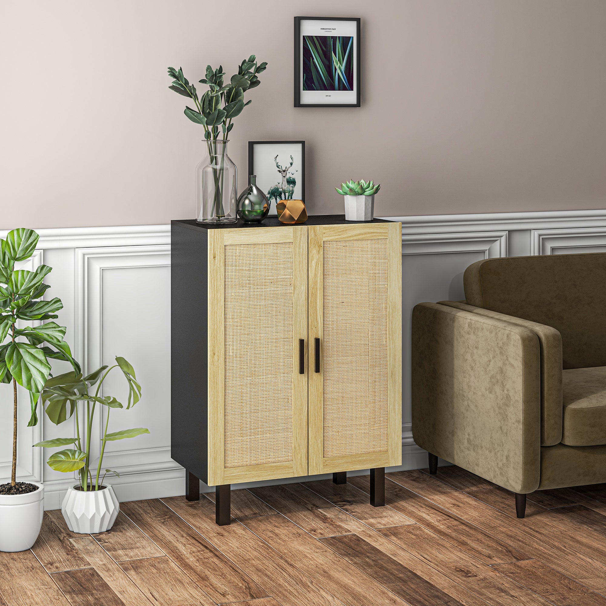 HOMCOM Sideboard Buffet Cabinet, Coffee Bar Cabinet with 2 Rattan Doors and Adjustable Shelves for Kitchen, Living Room, Black and Natural