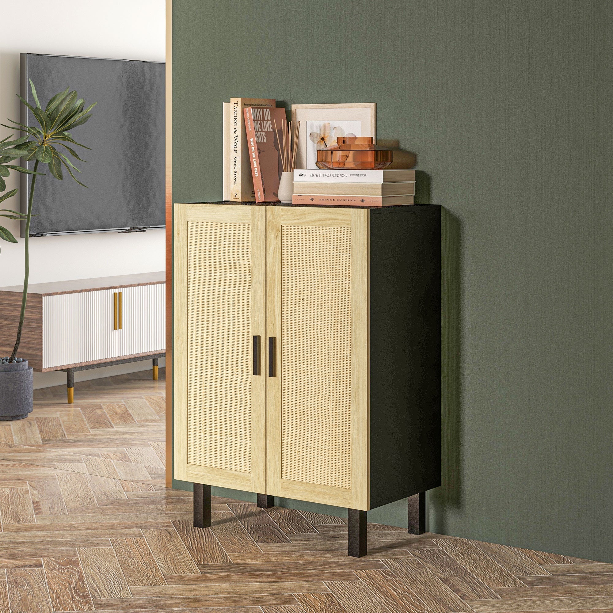 HOMCOM Sideboard Buffet Cabinet, Coffee Bar Cabinet with 2 Rattan Doors and Adjustable Shelves for Kitchen, Living Room, Black and Natural