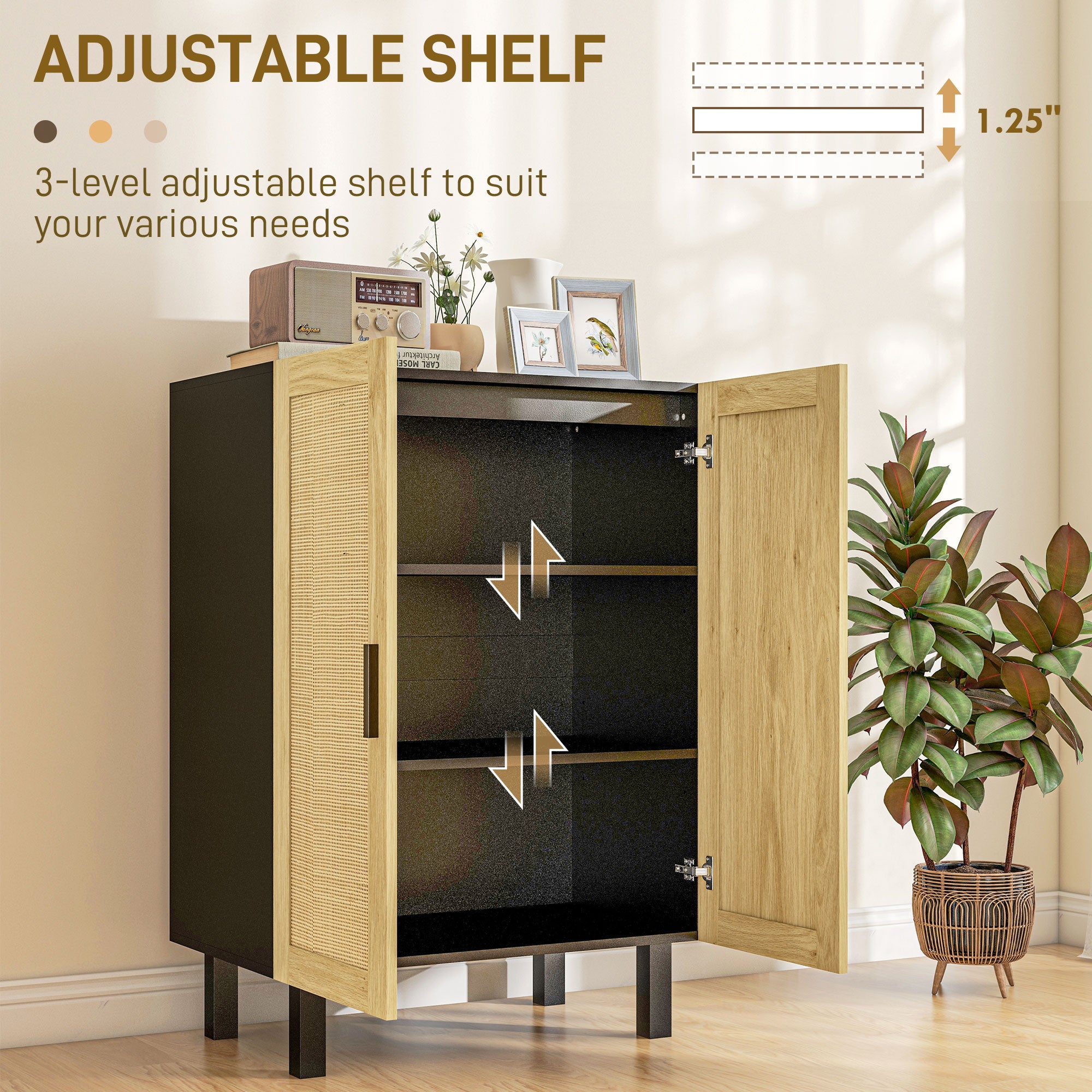 HOMCOM Sideboard Buffet Cabinet, Coffee Bar Cabinet with 2 Rattan Doors and Adjustable Shelves for Kitchen, Living Room, Black and Natural