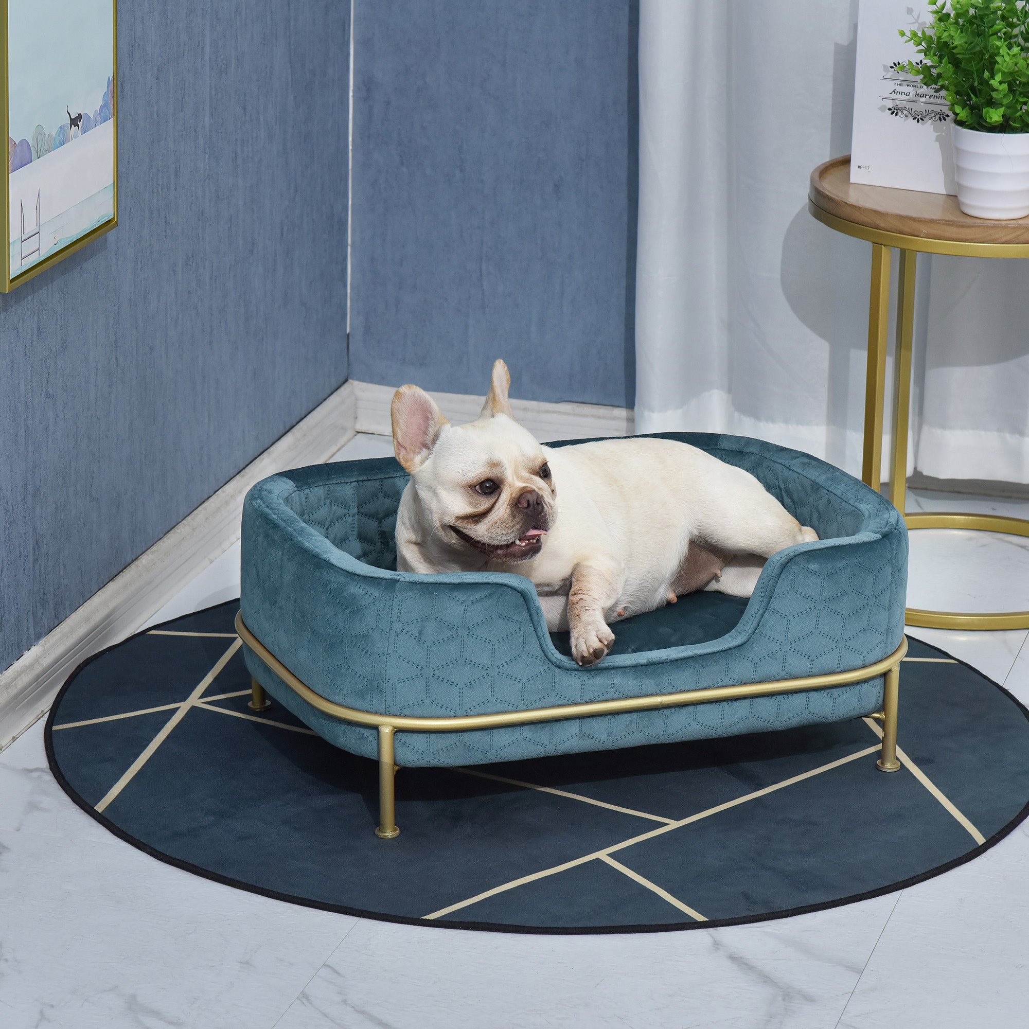 PawHut Dog Sofa with Soft Cushion, Pet Chair Couch Cat Bed Lounge with Washable Cover Metal Frame for Small Sized Dogs - Blue