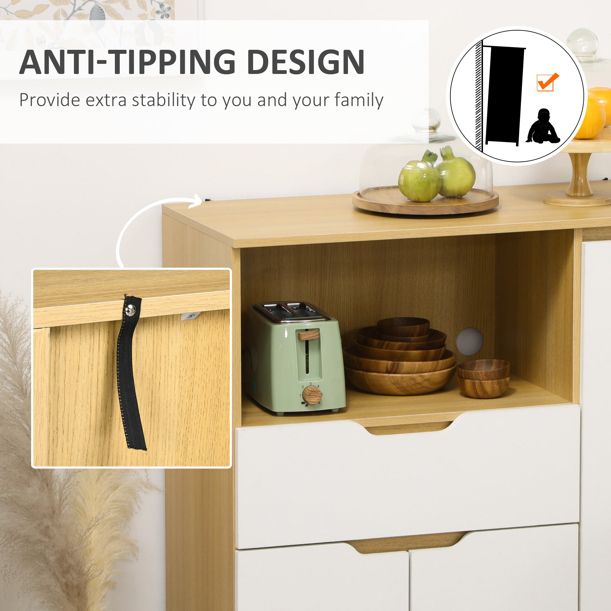 HOMCOM Microwave Cabinet, Modern Kitchen Cupboard with Drawer, Storage Cabinets and Cable Hole, Buffet Sideboard, White