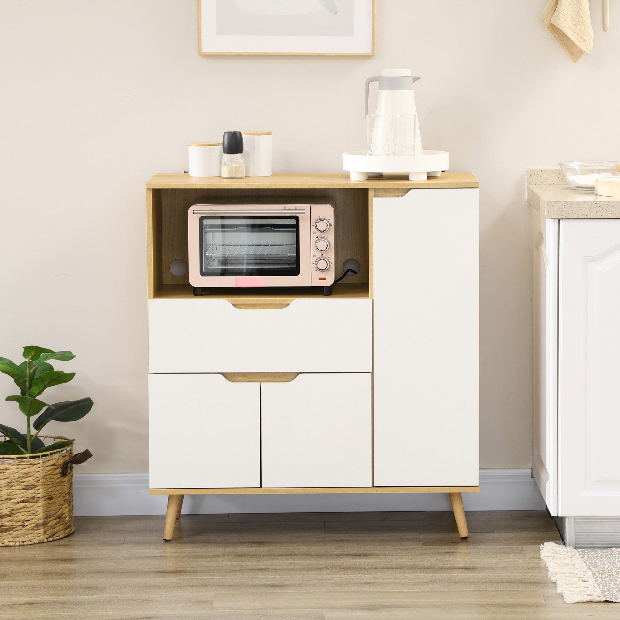 HOMCOM Microwave Cabinet, Modern Kitchen Cupboard with Drawer, Storage Cabinets and Cable Hole, Buffet Sideboard, White