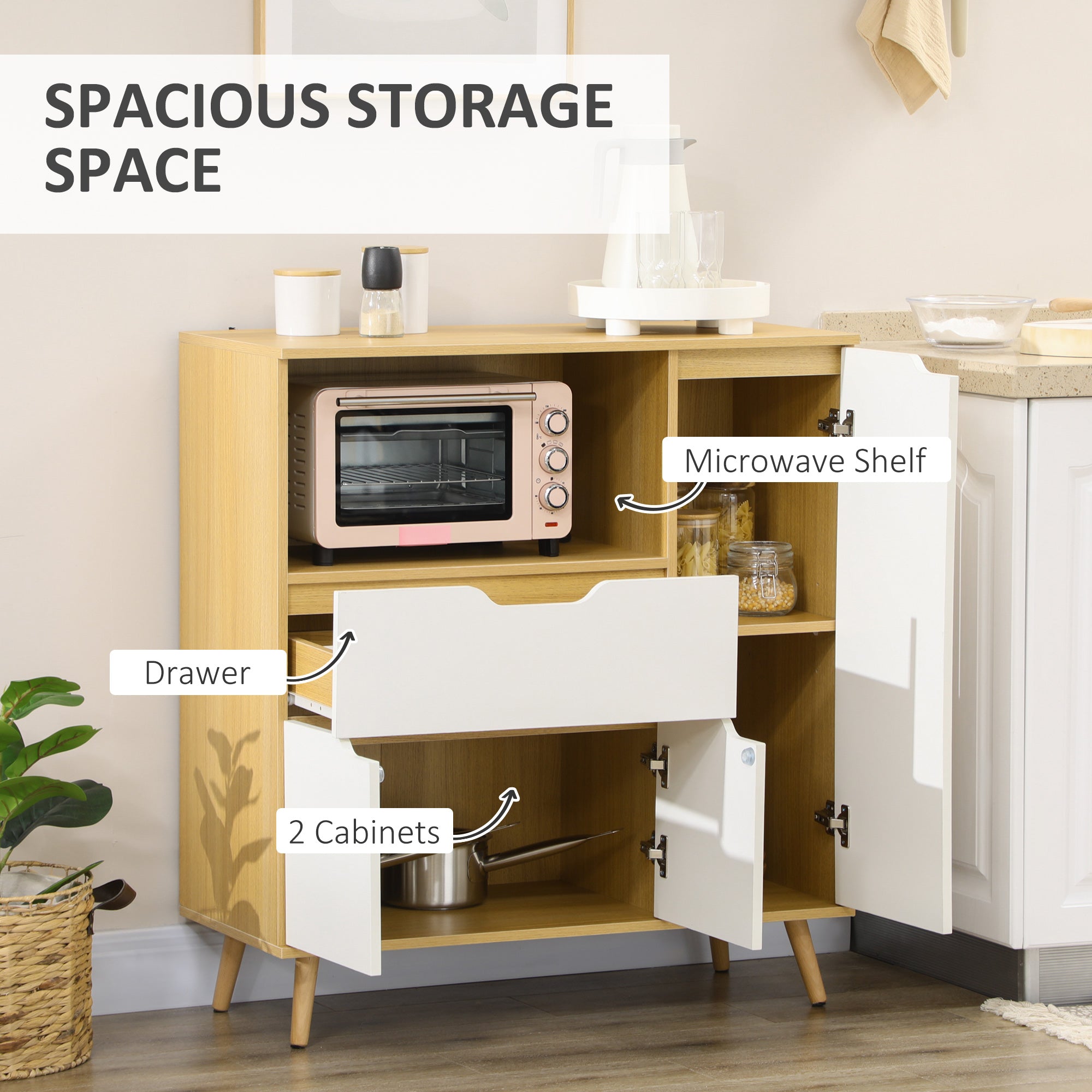 HOMCOM Microwave Cabinet, Modern Kitchen Cupboard with Drawer, Storage Cabinets and Cable Hole, Buffet Sideboard, White