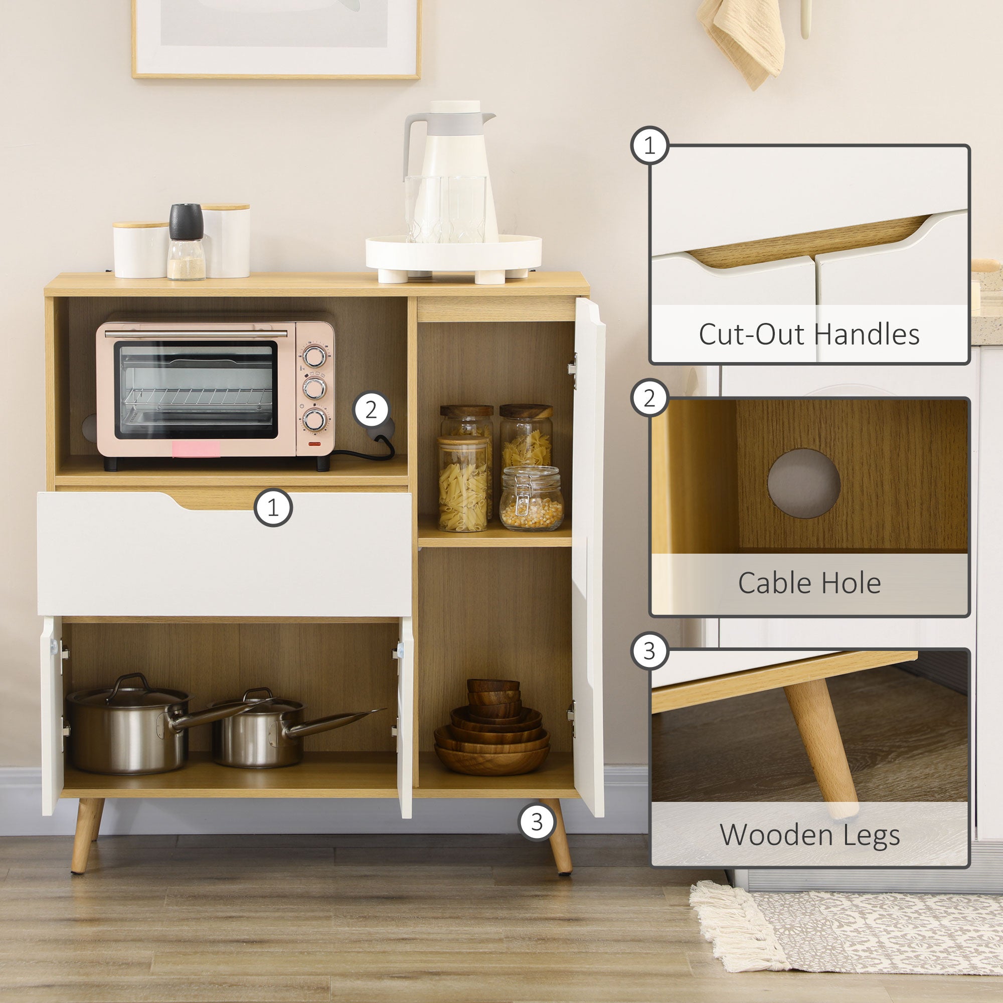HOMCOM Microwave Cabinet, Modern Kitchen Cupboard with Drawer, Storage Cabinets and Cable Hole, Buffet Sideboard, White