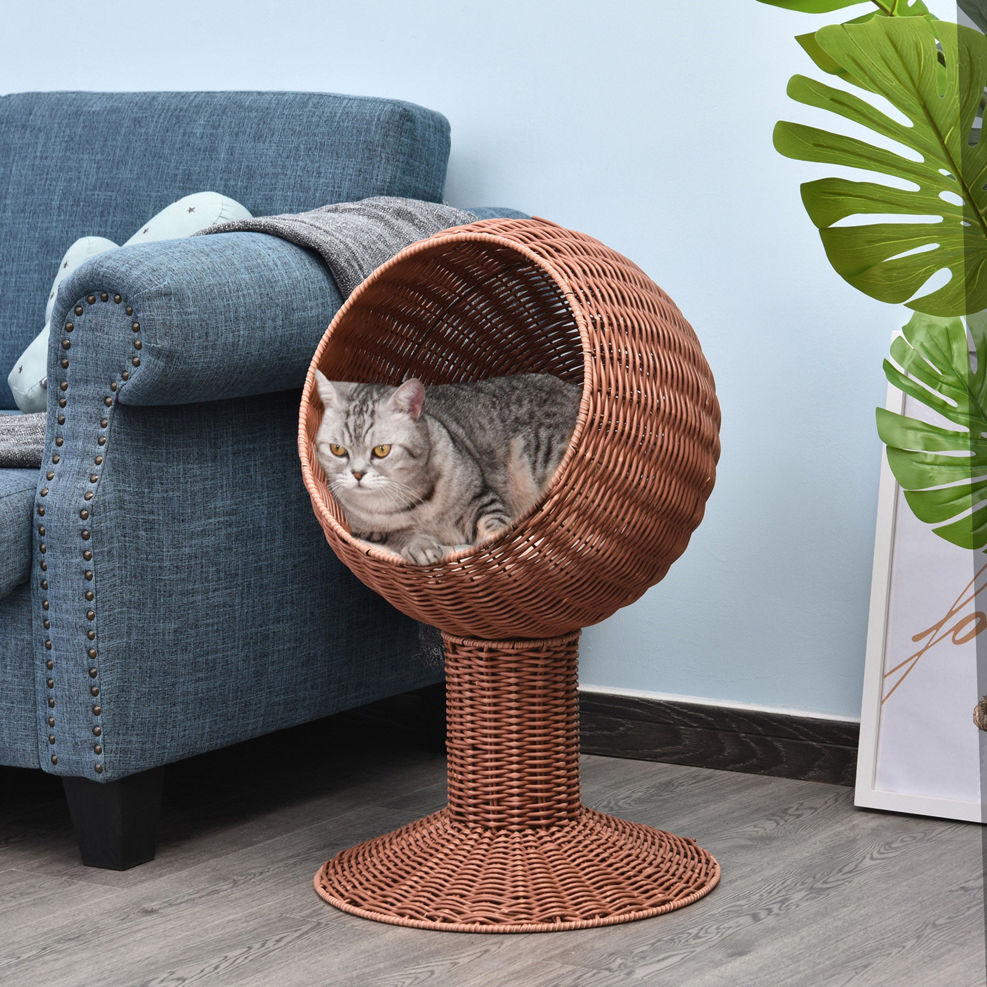 PawHut Elevated Cat Bed with Rotatable Egg Chair Pod, Cat Basket Bed with Thick Cushion, Natural Mat Grass Woven Kitty House, Brown