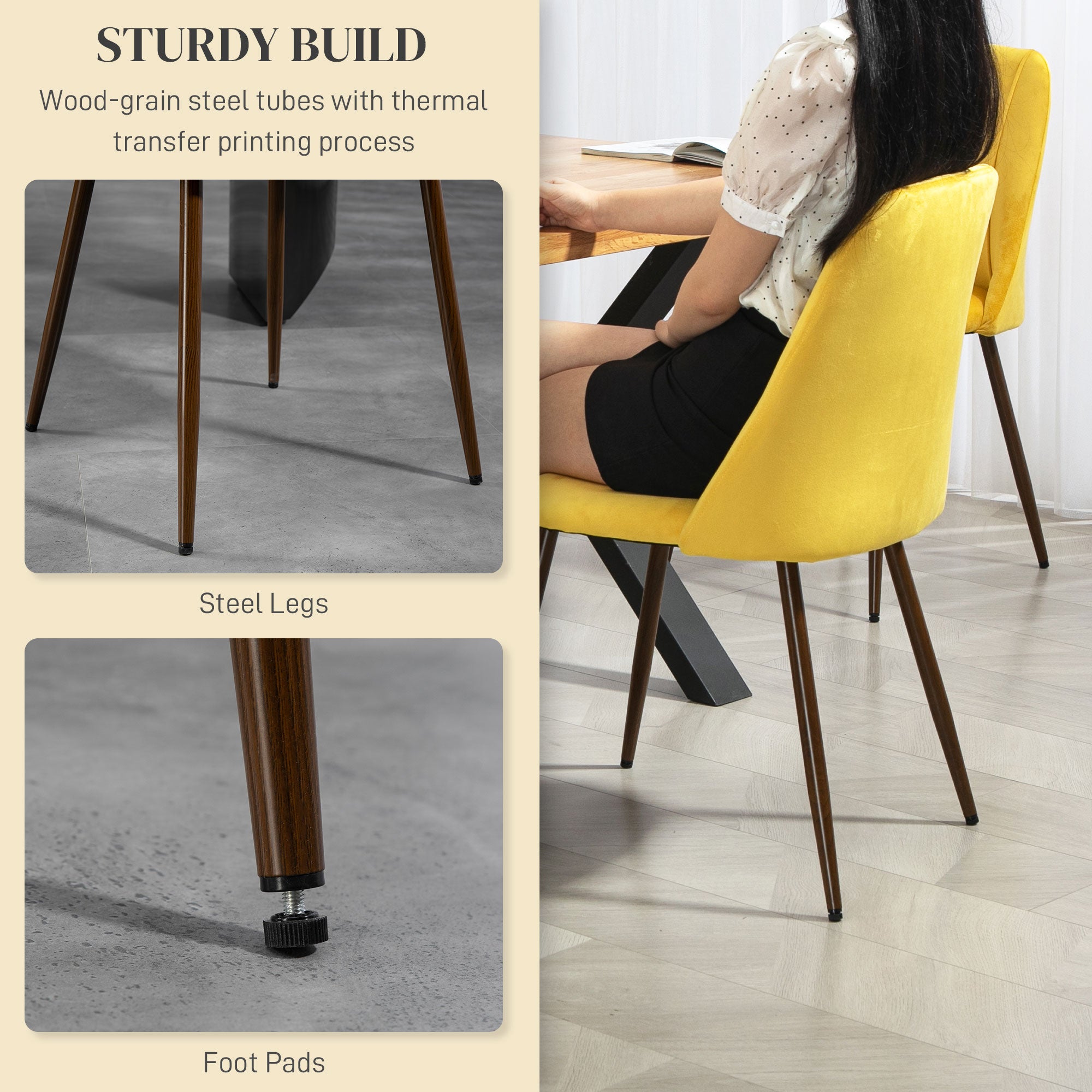 HOMCOM Dining Chairs Set of 4, Modern Kitchen Chairs with Velvet-touch Upholstery, Curved Back and Wood-grain Steel Legs, Accent Chairs for Living Room, Bedroom, Yellow