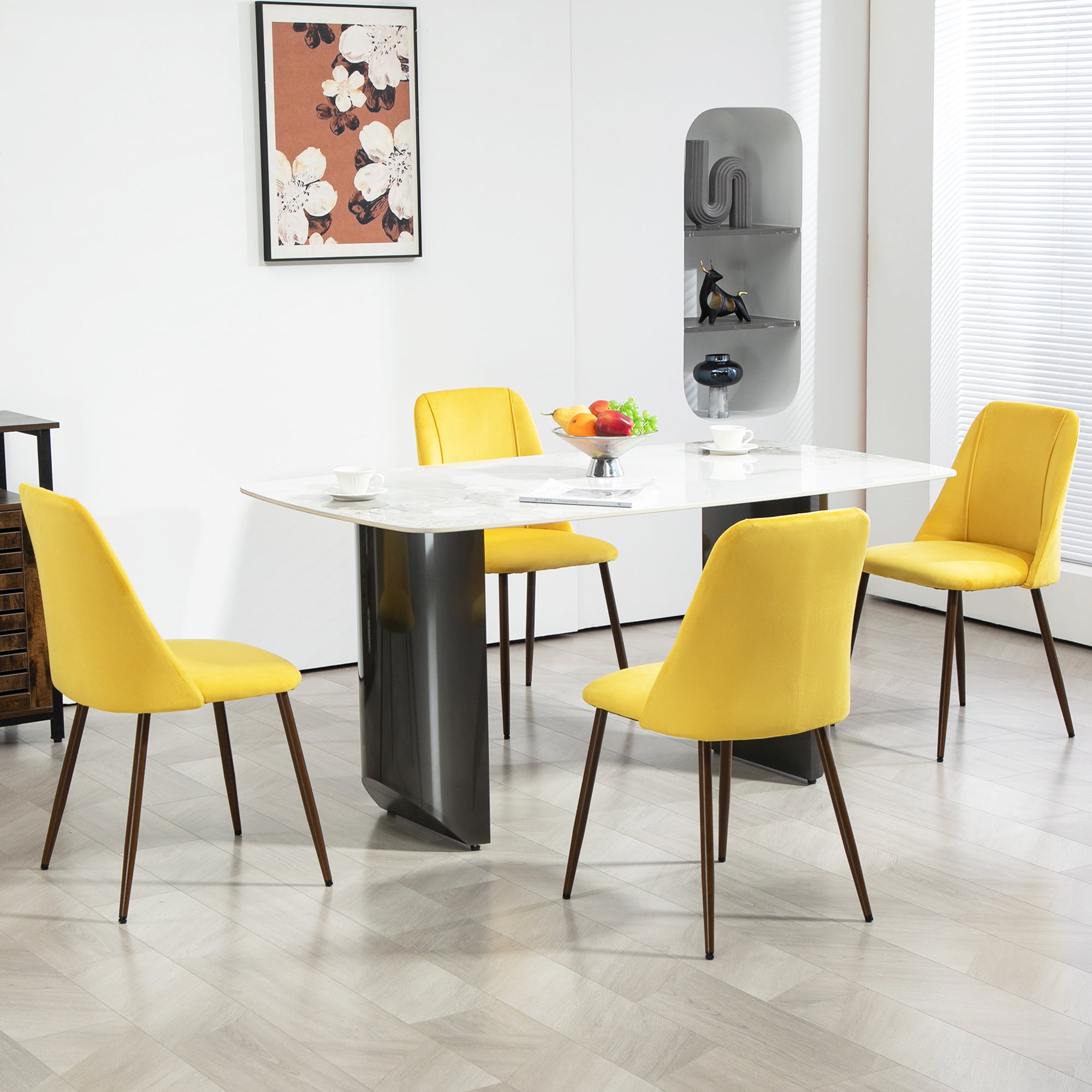HOMCOM Dining Chairs Set of 4, Modern Kitchen Chairs with Velvet-touch Upholstery, Curved Back and Wood-grain Steel Legs, Accent Chairs for Living Room, Bedroom, Yellow