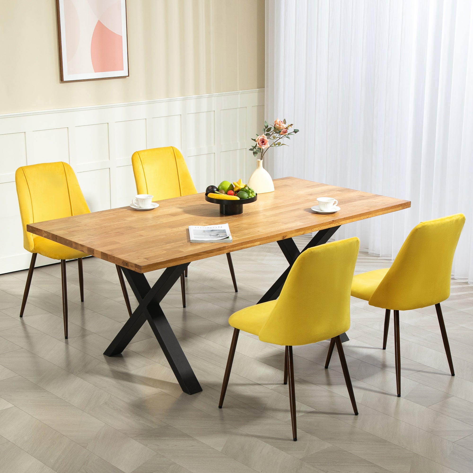 HOMCOM Dining Chairs Set of 4, Modern Kitchen Chairs with Velvet-touch Upholstery, Curved Back and Wood-grain Steel Legs, Accent Chairs for Living Room, Bedroom, Yellow