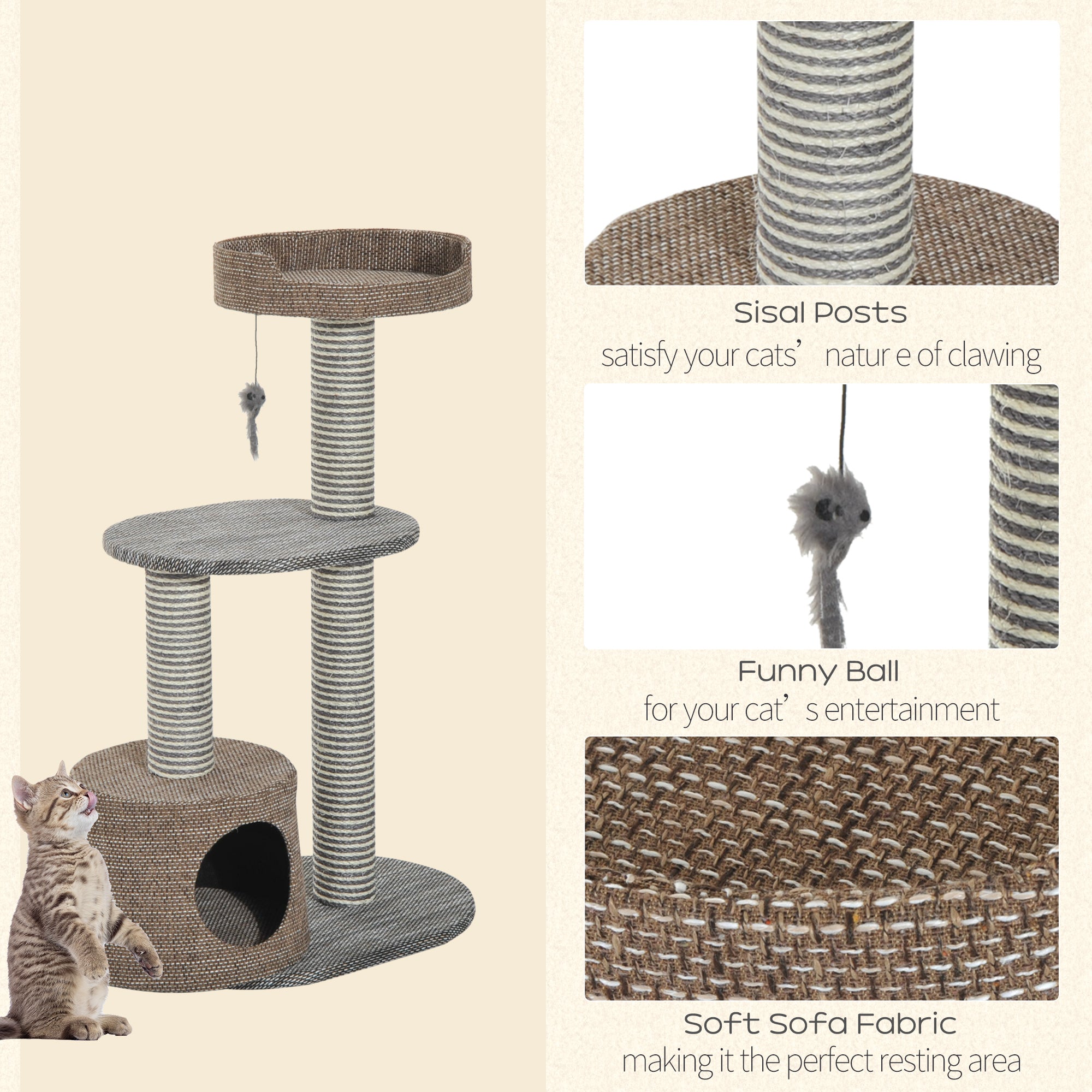 PawHut Scratching Cat Tree Post Climbing Kitten Pets Kitty Furniture with Toy, Brown