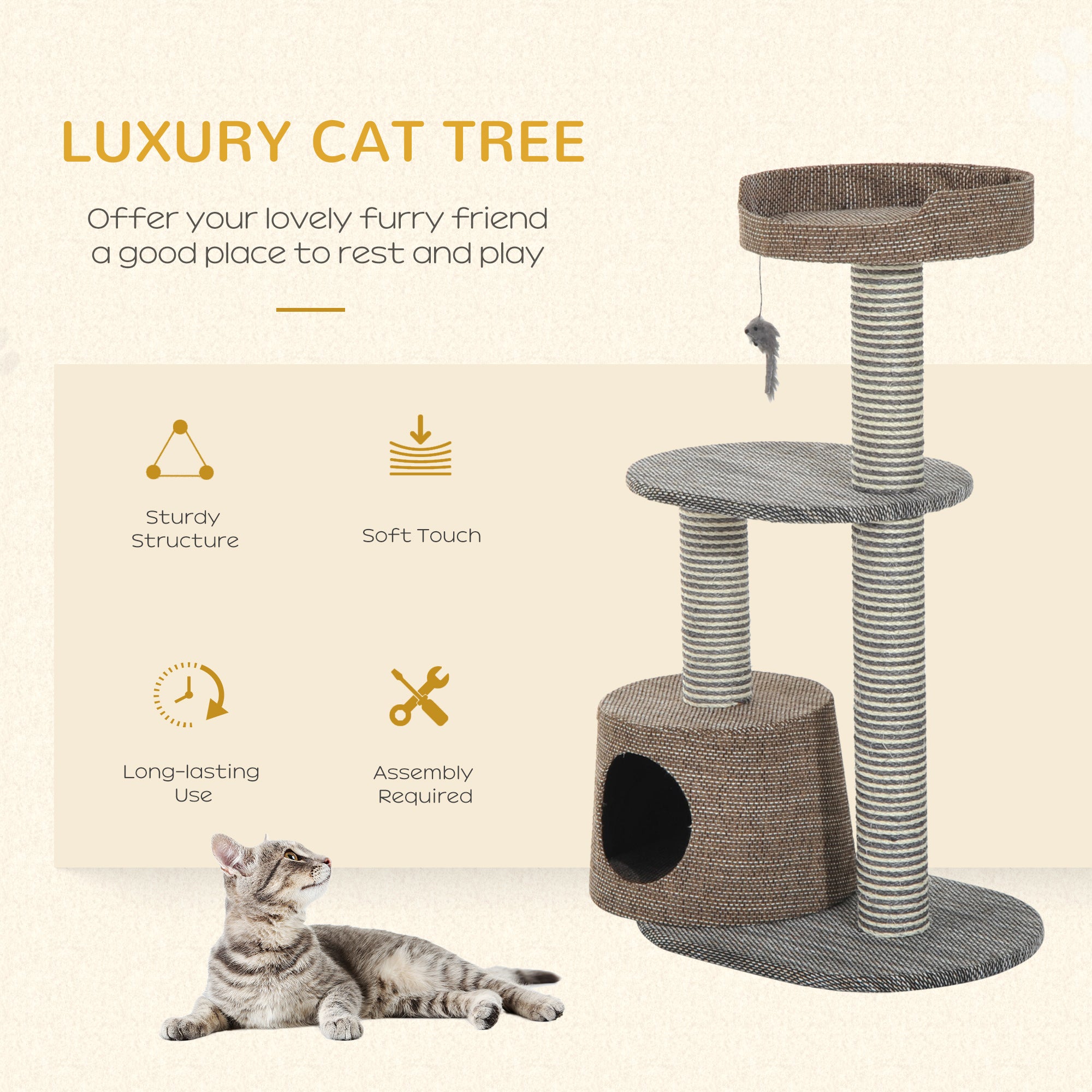 PawHut Scratching Cat Tree Post Climbing Kitten Pets Kitty Furniture with Toy, Brown