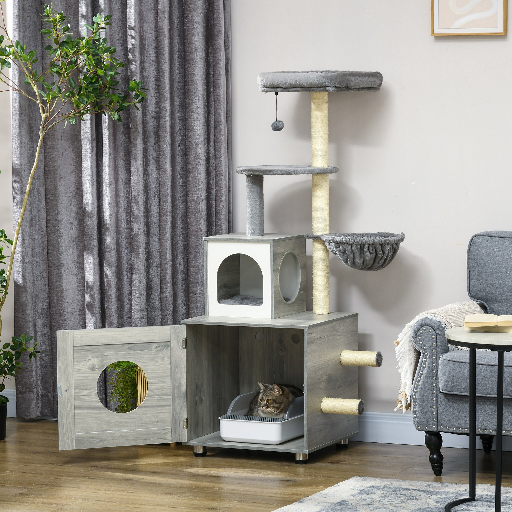 PawHut 2 in 1 Cat Tree with Litter Box Enclosure, Cat Litter Box Furniture with Cat House, Cat Bed, Posts, Platforms, for Indoor Cats - Grey