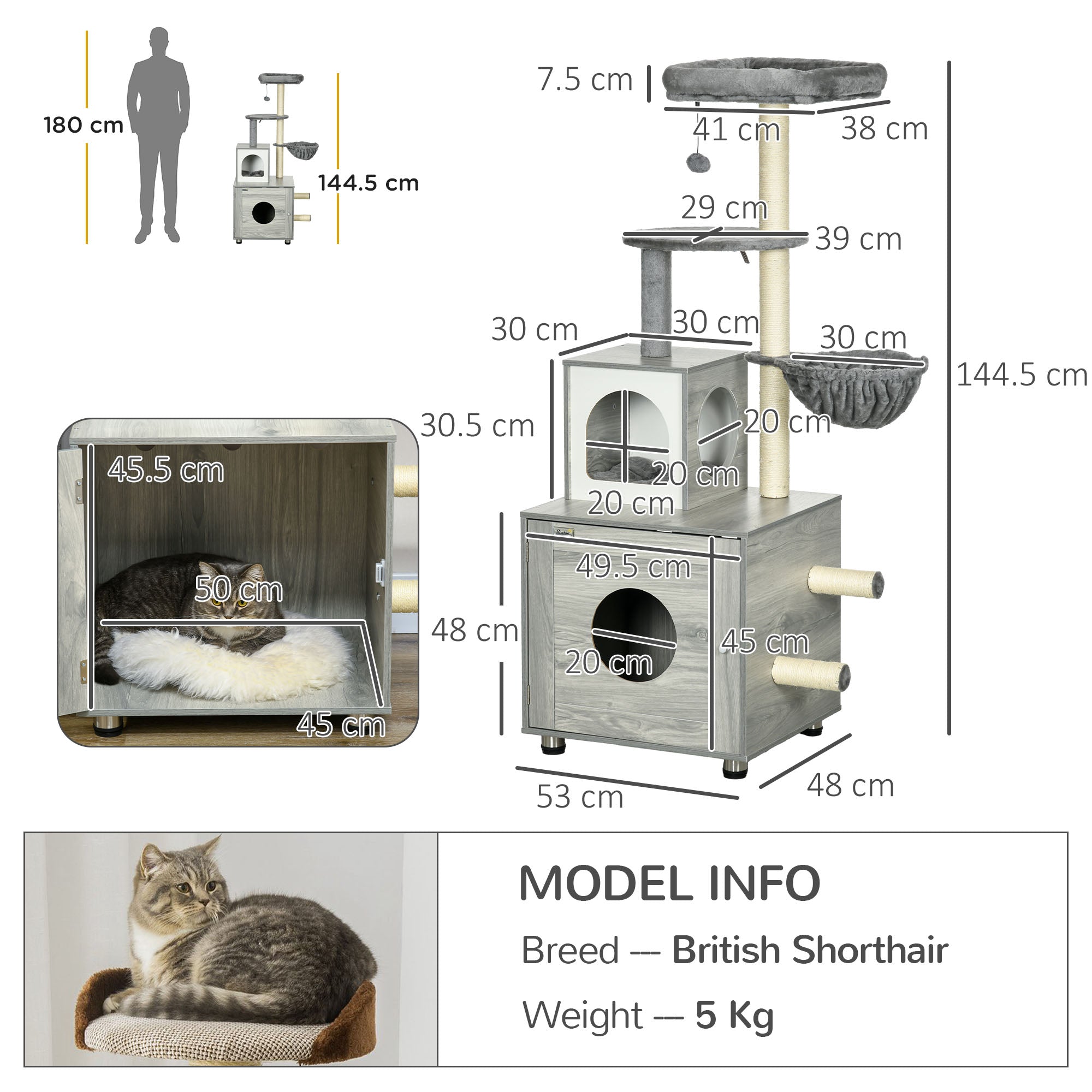 PawHut 2 in 1 Cat Tree with Litter Box Enclosure, Cat Litter Box Furniture with Cat House, Cat Bed, Posts, Platforms, for Indoor Cats - Grey