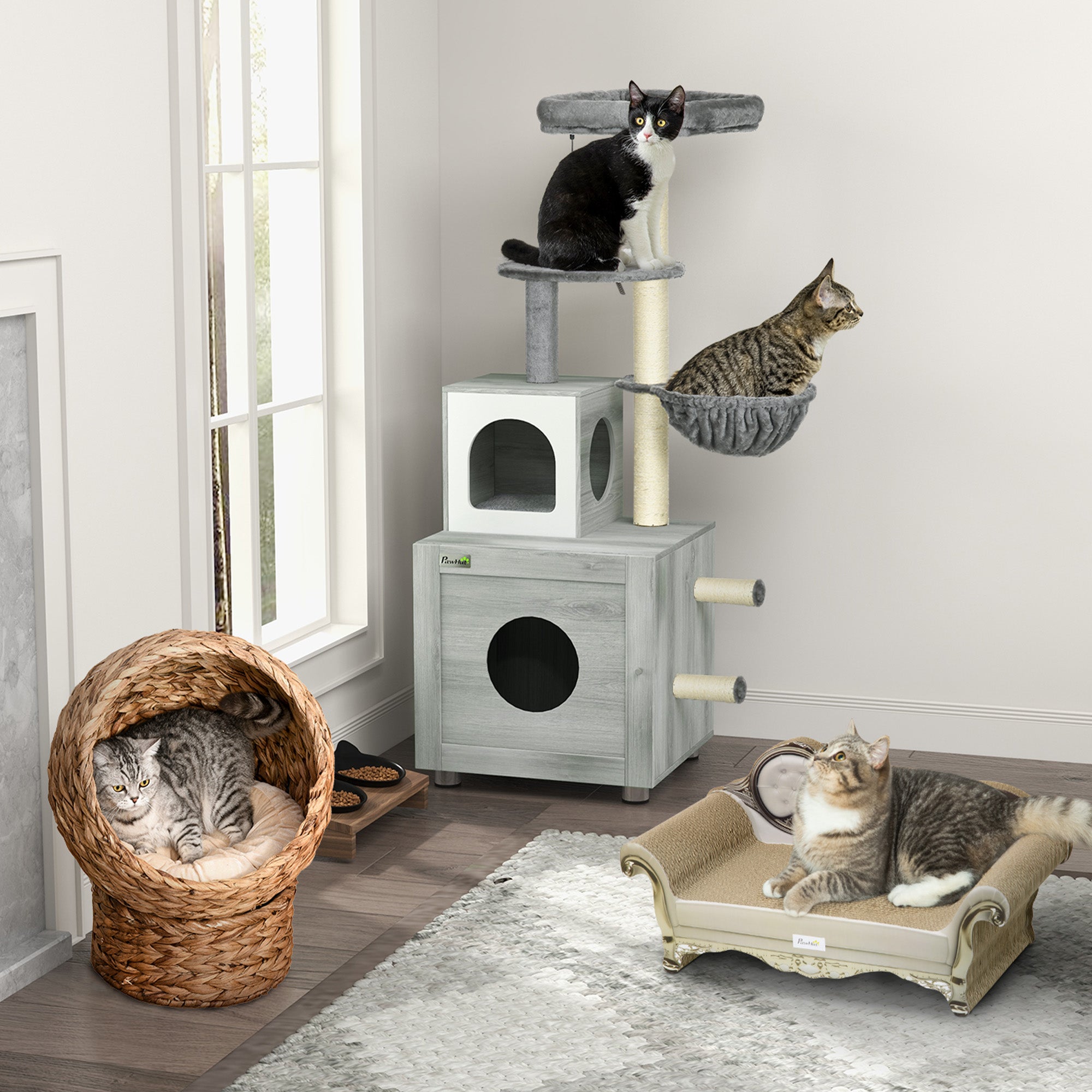 PawHut 2 in 1 Cat Tree with Litter Box Enclosure, Cat Litter Box Furniture with Cat House, Cat Bed, Posts, Platforms, for Indoor Cats - Grey