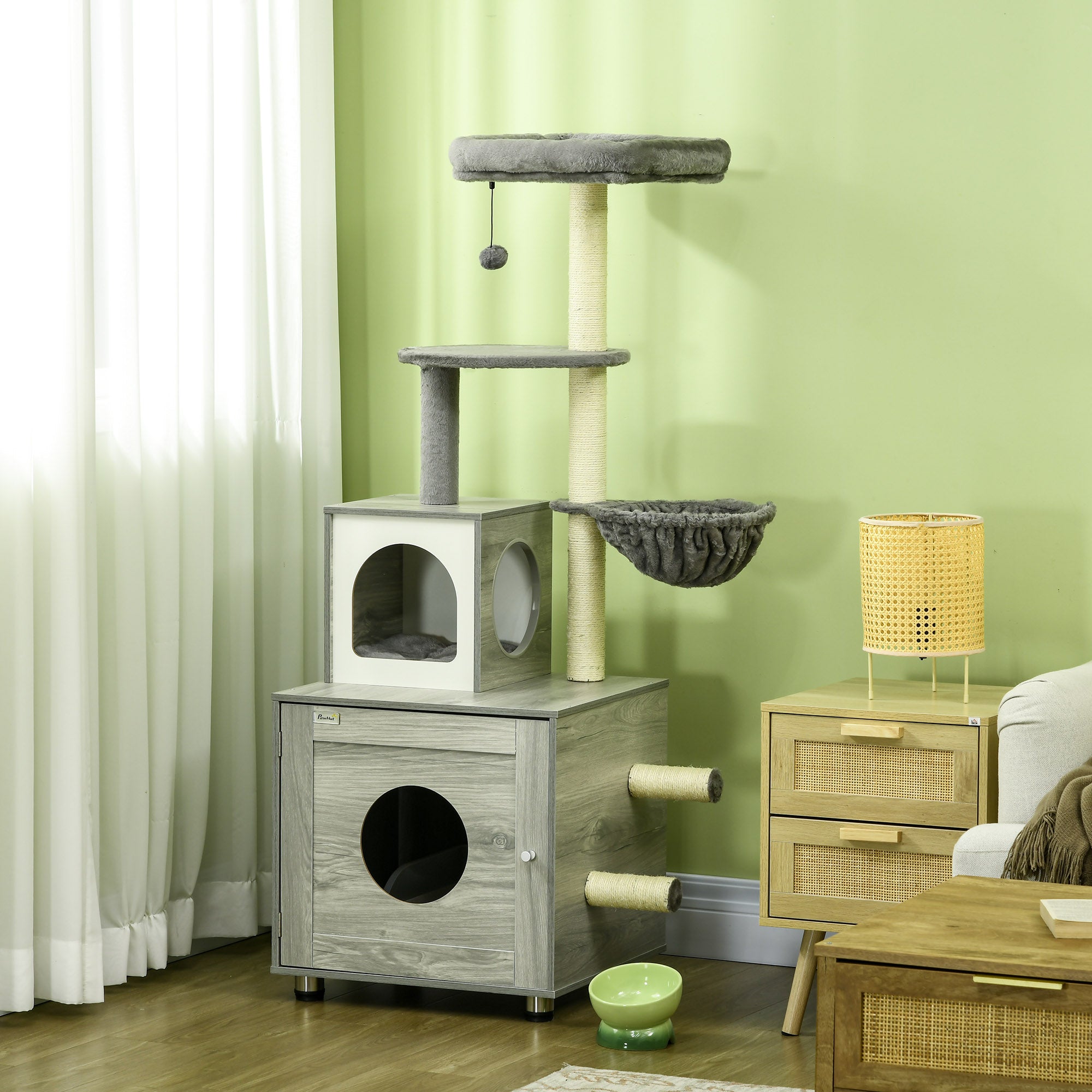 PawHut 2 in 1 Cat Tree with Litter Box Enclosure, Cat Litter Box Furniture with Cat House, Cat Bed, Posts, Platforms, for Indoor Cats - Grey