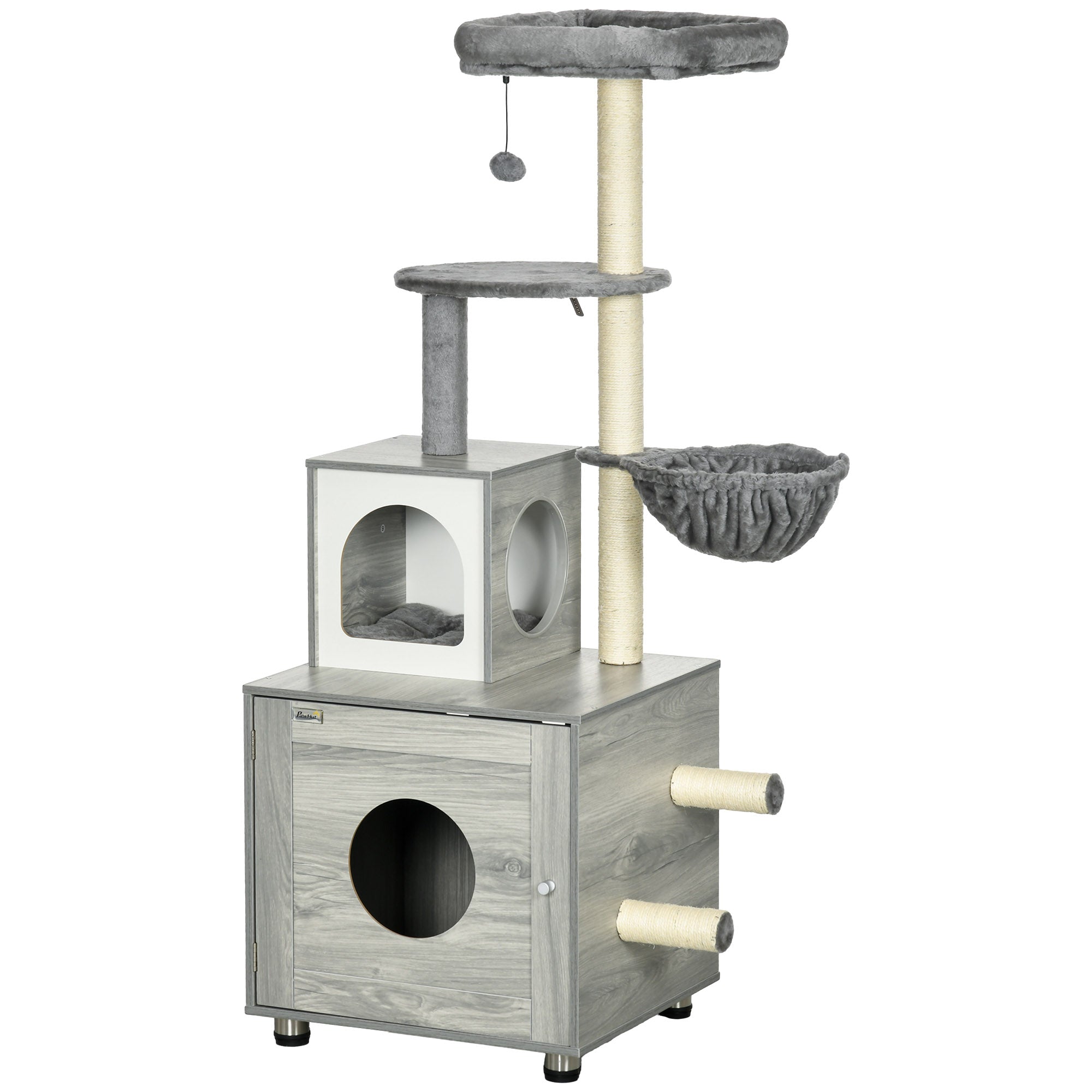 PawHut 2 in 1 Cat Tree with Litter Box Enclosure, Cat Litter Box Furniture with Cat House, Cat Bed, Posts, Platforms, for Indoor Cats - Grey